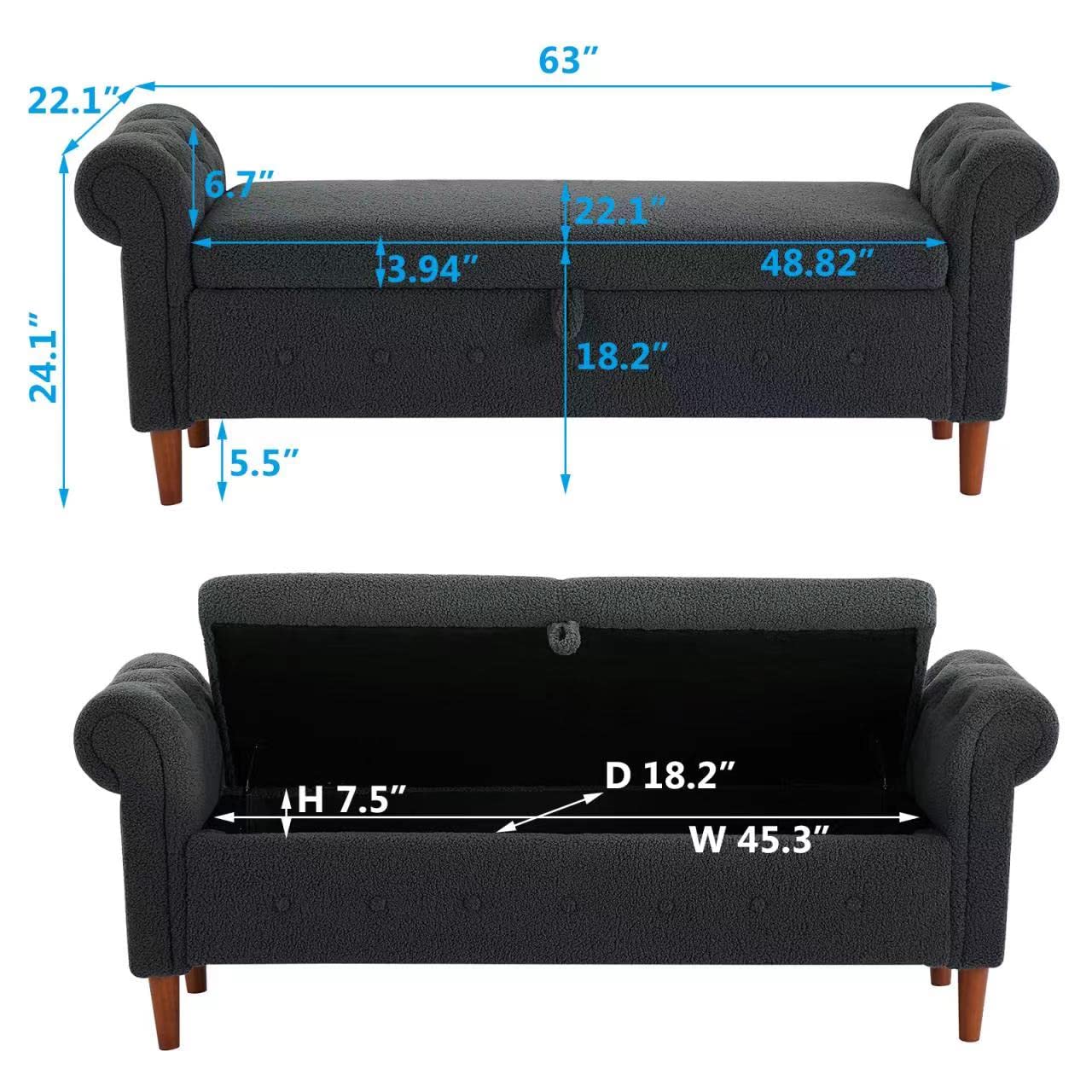 Aoowow Storage Bench with Rolled Arms - Teddy Fabric Ottoman for Bedroom, Living Room, End of Bed - Multi-Functional Seat & Toy Storage (Grey) - Perfect for Window Seating, Fireplace Lounging & Home Organization