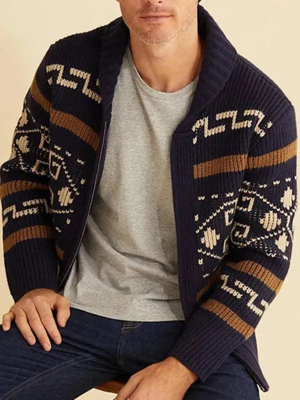 Men's Jacquard Lapel Cardigan Sweater - Stylish Knit Pullover for Casual Wear & Office Outfits