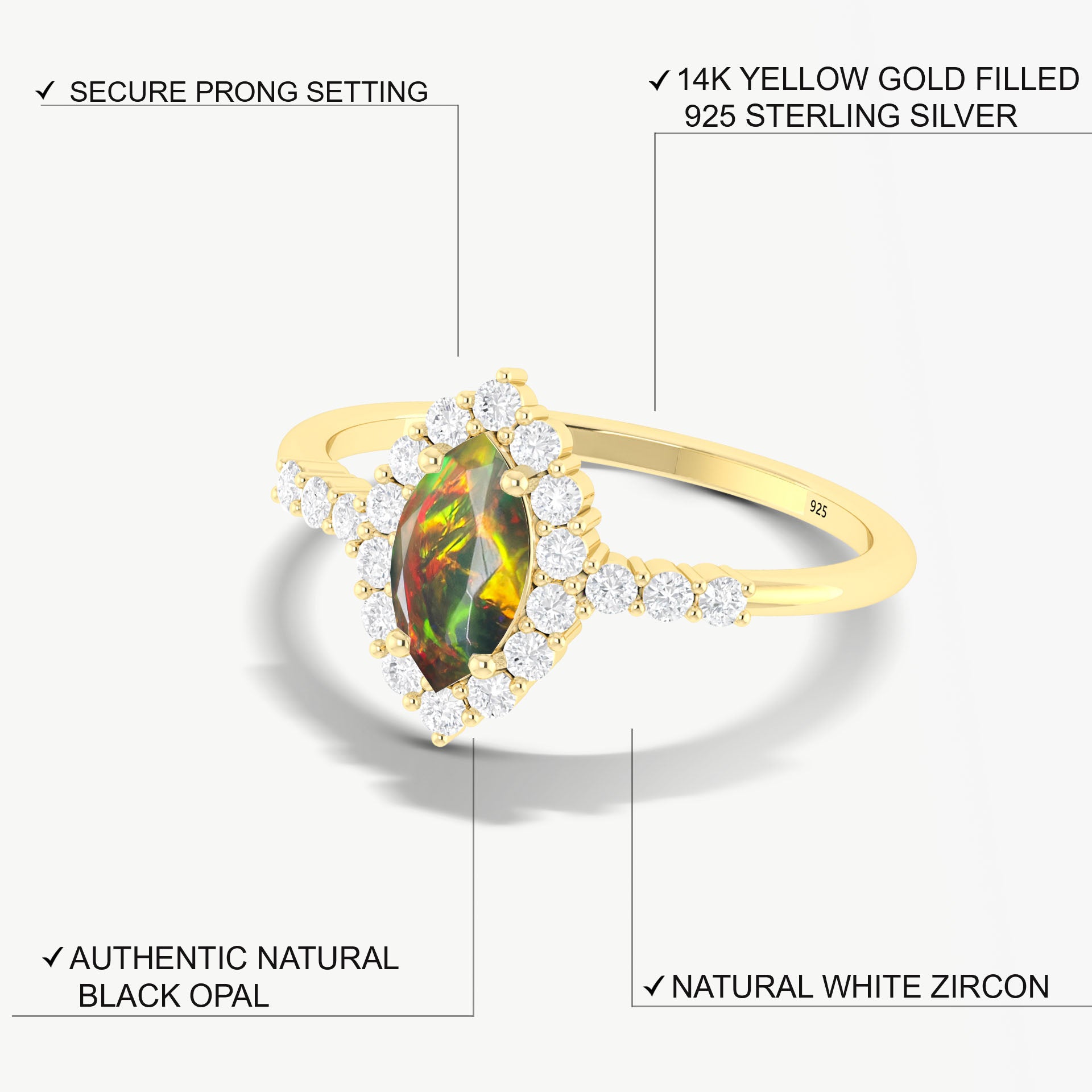 Exquisite Black Multi-Color Rainbow Fire Marquise Opal Ring | Elegant Jewelry for Women | Perfect for Weddings, Parties & Special Occasions