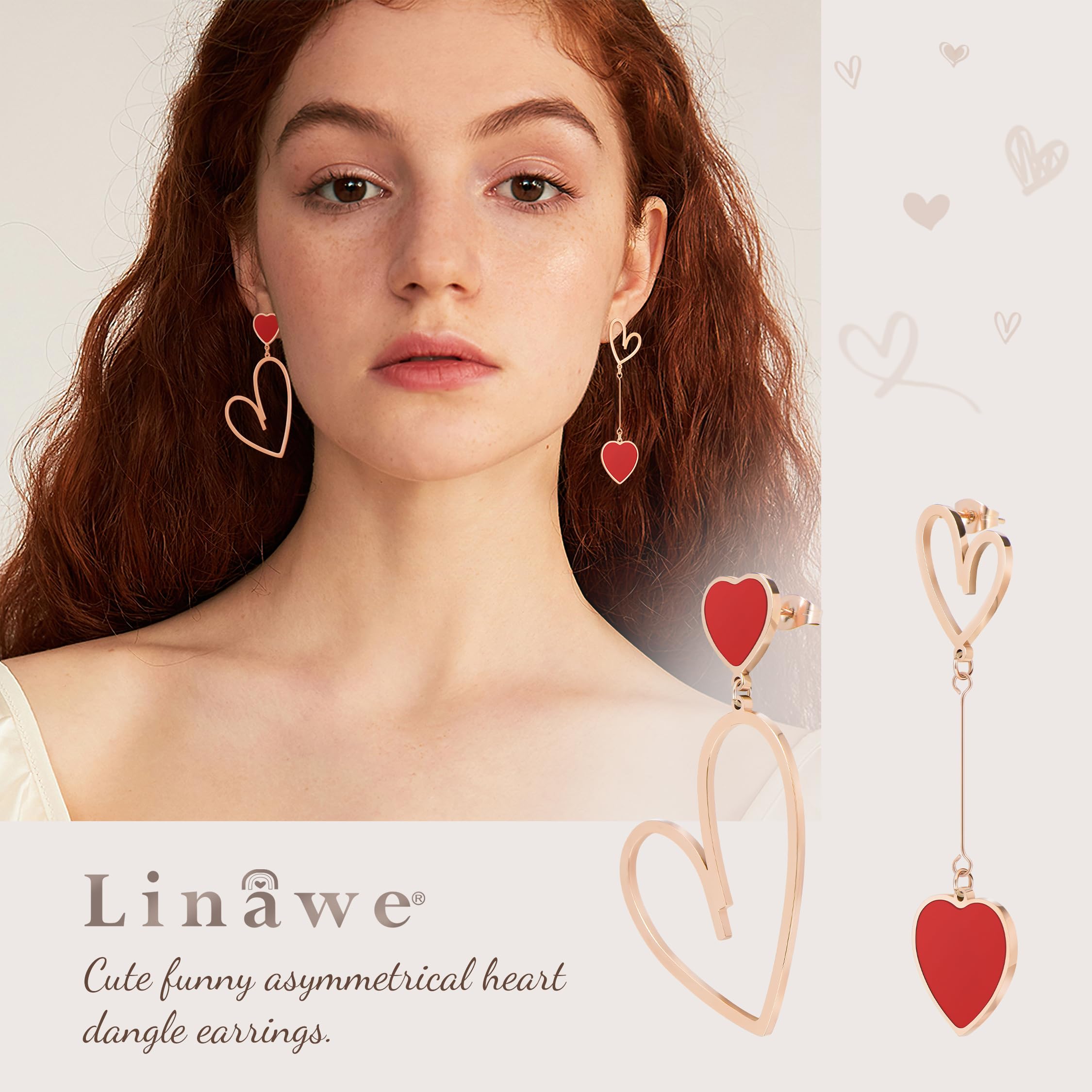 Linawe Titanium Stainless Steel Heart Dangle Earrings for Women - Trendy Gold/Silver/Rose Gold Big Drop Earrings, Hypoallergenic Long Asymmetrical Love Earrings - Perfect for Valentine's Day, Date Night, and Special Occasions