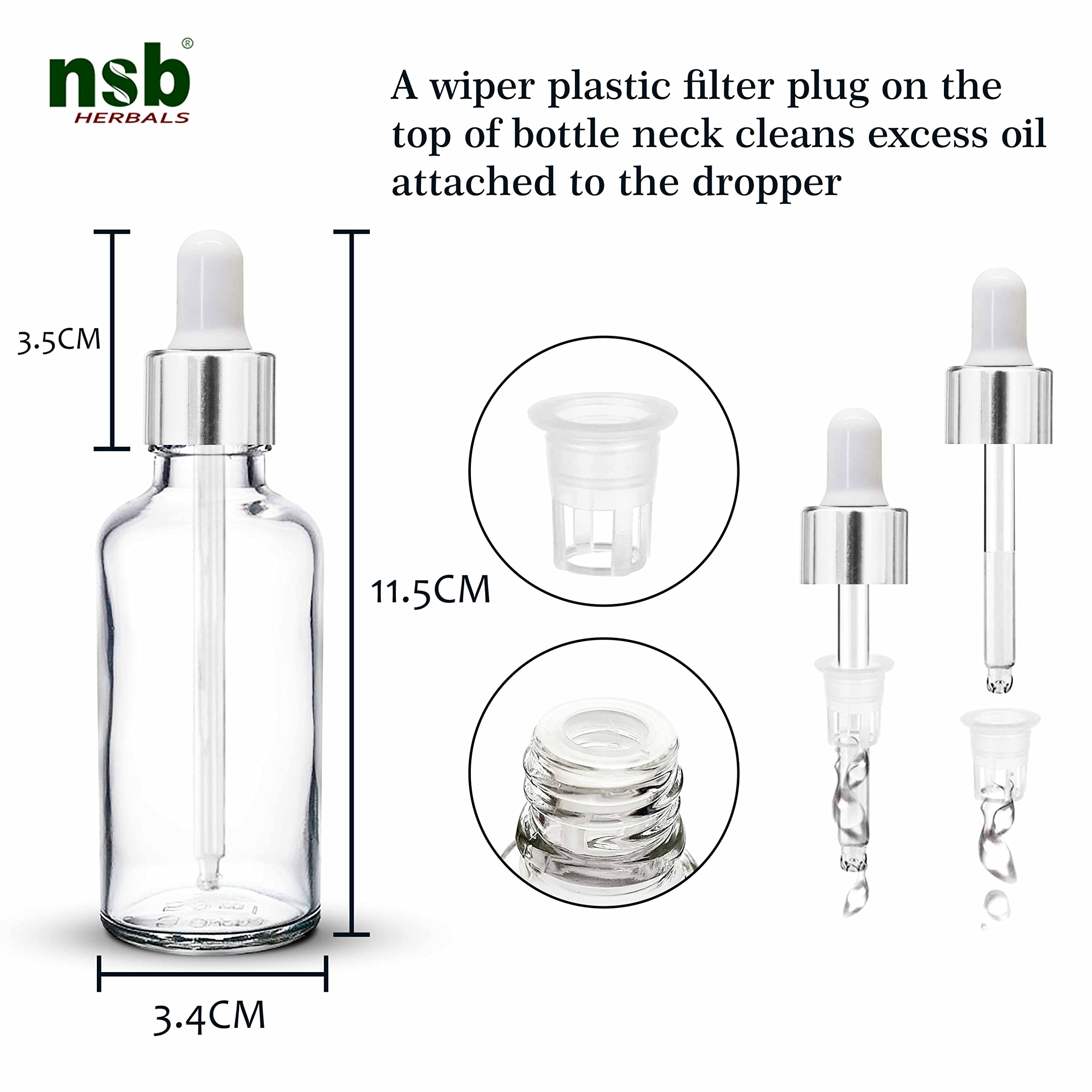 NSB Herbals 50ml Clear Round Empty Glass Bottle with Glass Dropper, Silver Ring & White Silicone Teat - Refillable for Essential Oils, Perfumes (Pack of 3) | Perfect for DIY Aromatherapy, Travel Size Liquids & Homemade Beauty Products