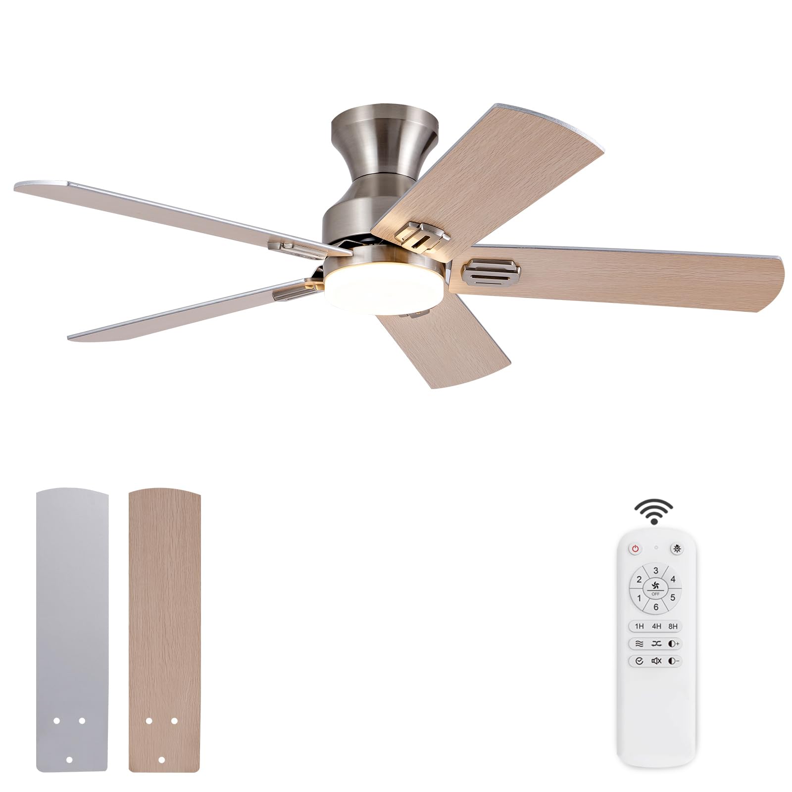 48 Inch Brushed Nickel Ceiling Fan with Light and Remote Control - Low Profile Flush Mount Modern Design, 5 Blades, Dimmable LED Light, 6-Speed DC Motor - Perfect for Bedroom, Living Room, Patio, and Indoor/Outdoor Use