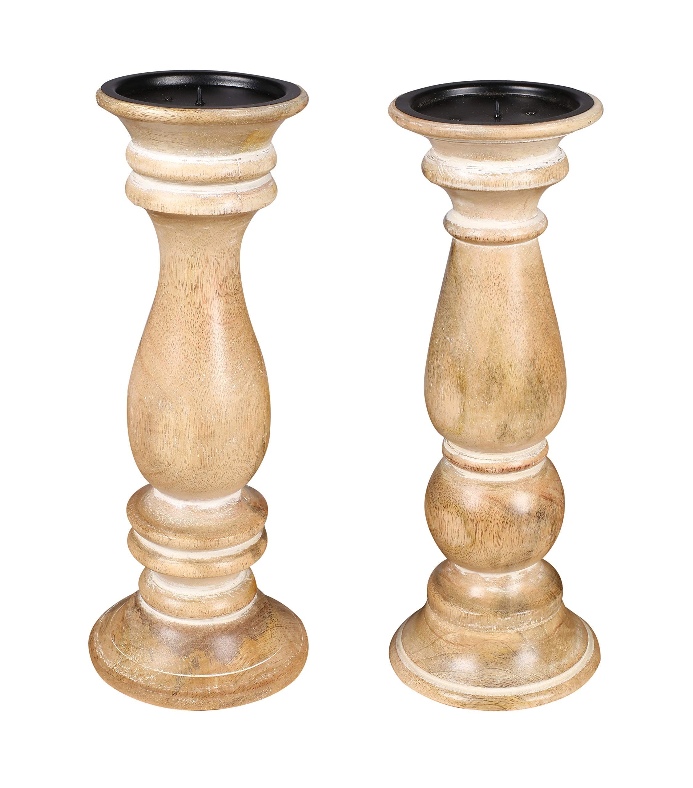 Rustic Whitewashed Wooden Pillar Candle Holder Set of 2 - 12x4.5 Inch Farmhouse Decor for Dining Table, Wedding Centerpiece, and Cozy Home Ambiance
