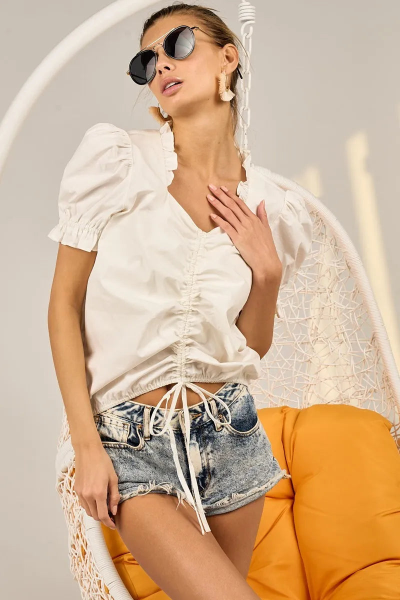 BiBi Ruffled Square Neck Front Ruched Puff Sleeve Blouse - Elegant Women's Fashion Top for Office, Date Night & Special Occasions