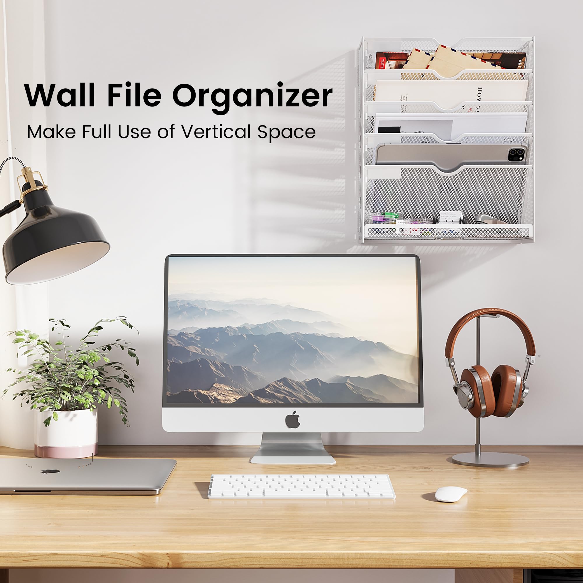 6-Tier Hanging File Organizer with Hooks - Wall Mount Mesh Magazine & Paper Folder Holder for Office, Home & School - Perfect for Organizing Mail, Documents & Office Supplies (White)