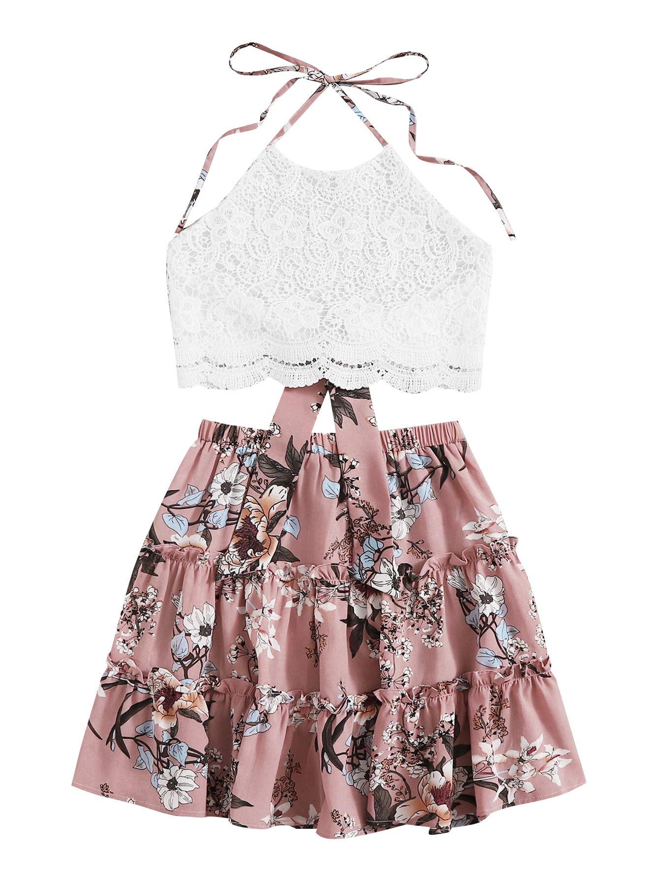 LYANER Women's 2 Piece Outfits Summer Lace Halter Cami Crop Top with Floral Mini Skirt Set - Sexy Floral Print Matching Set for Beach Vacation, Date Night & Summer Party Outfits