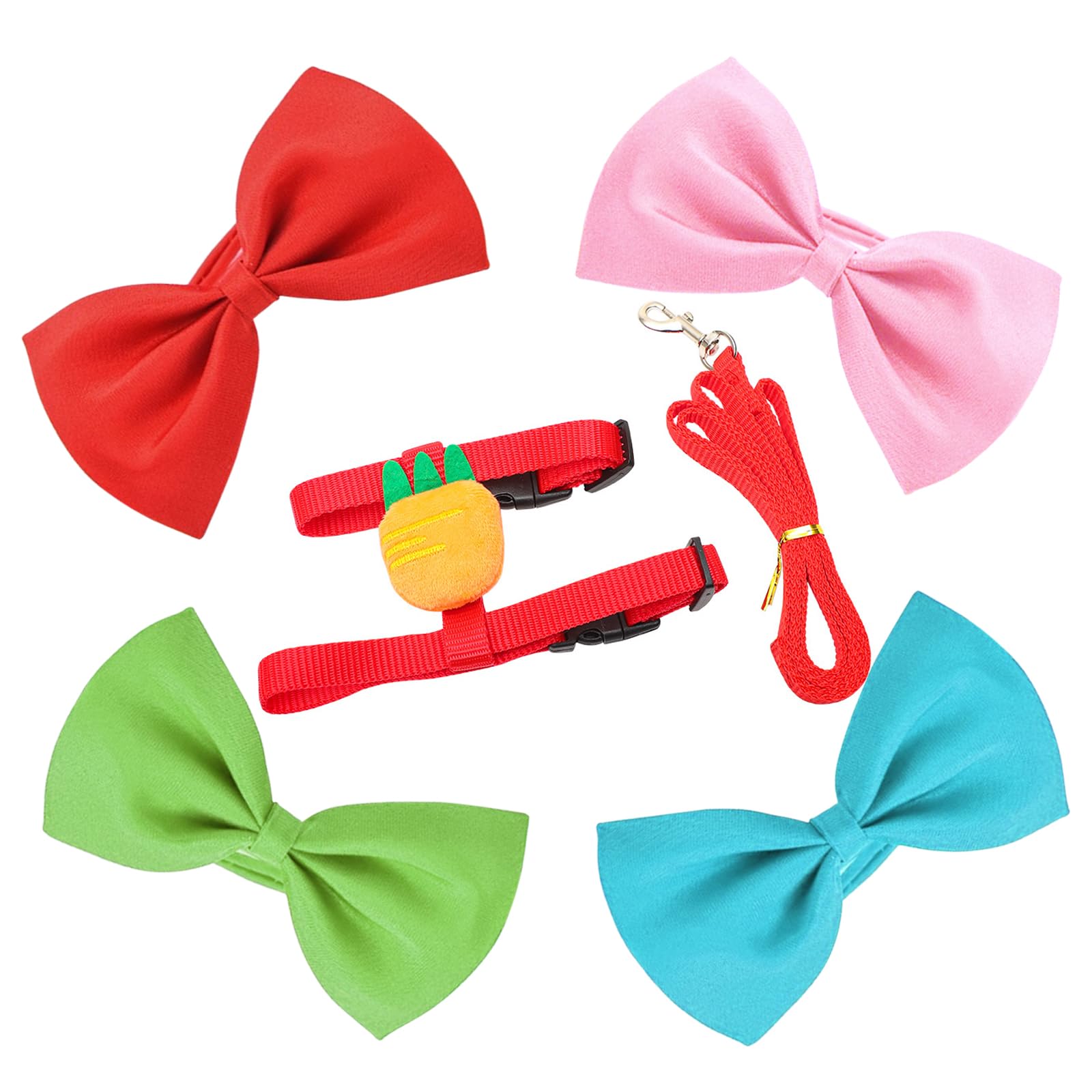 4 Sets Adjustable Rabbit Harness and Leash Set - Small Pet Safety Vest with Leash for Bunny, Cat, Dog, Kitten, Ferret - Includes 4 Decorative Fruit Bow Ties - Perfect for Walks, Training, and Pet Fashion Outfits