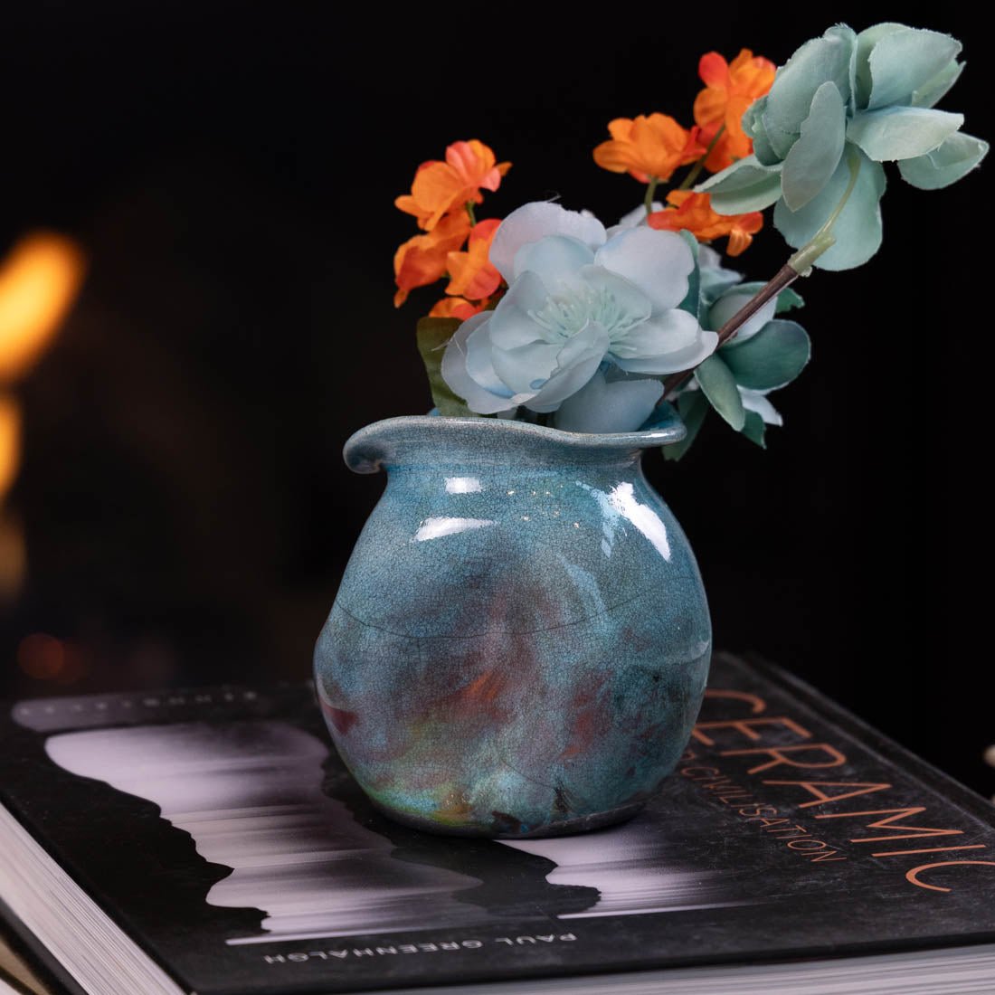 Handmade Small Manipulated RAKU Pottery #08 - Crackled Turquoise & Copper Glaze Ceramic Vase for Home Decor, Zen Garden, or Art Collection