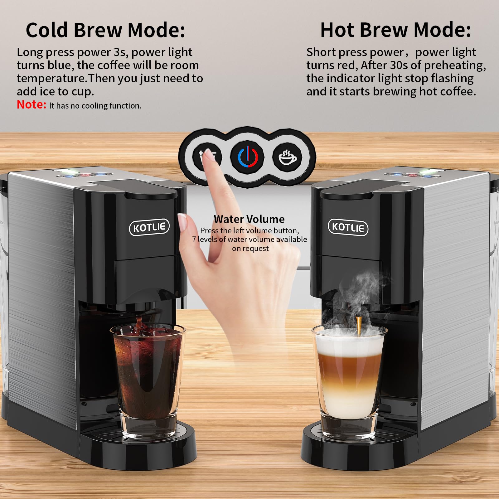 KOTLIE 19Bar High Pressure Single Serve Coffee Maker - 5-in-1 Multifunction Machine Compatible with NES* Original/Dolce Gusto/K-Cup/Ground Coffee/illy 44mm ESE Pods | Hot & Cold Brew | 7 Water Levels (AC-513HF) | Perfect for Home, Office or Small Business Use
