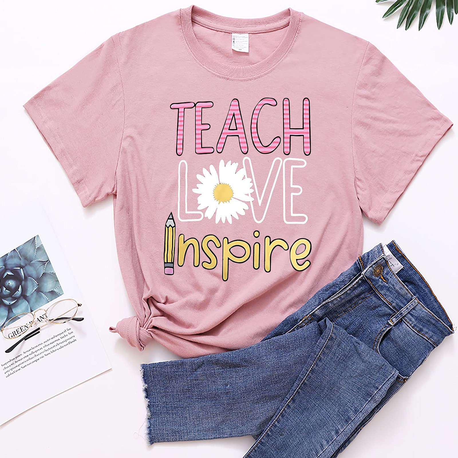 Oelaio Women's Casual Short Sleeve Teacher T-Shirts - Letter Printed Blouse Tops for Teacher's Day Gifts & School Apparel