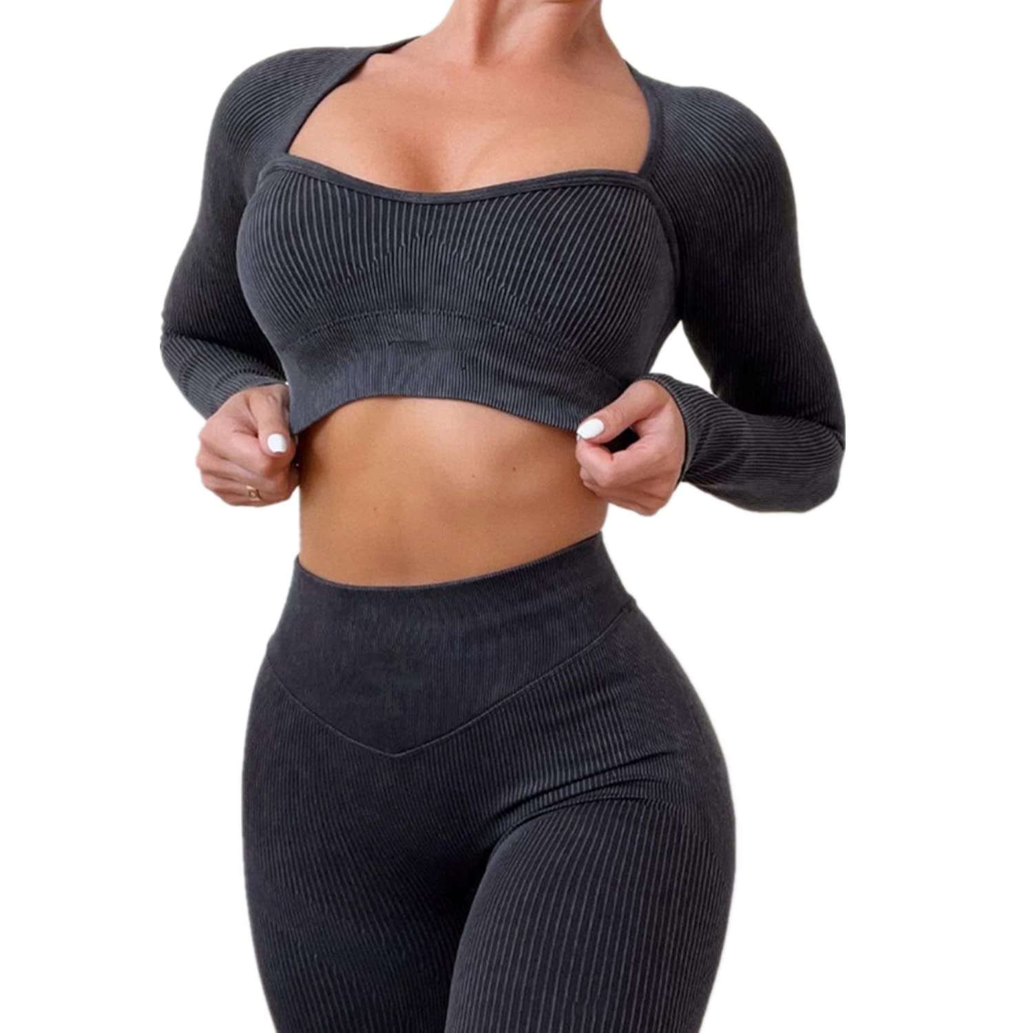 ABOCIW Women's Seamless Ribbed Workout Set - Sweetheart Neck Crop Top & High Waist Scrunch Butt Leggings | Gym, Yoga, Running, Fitness Outfit