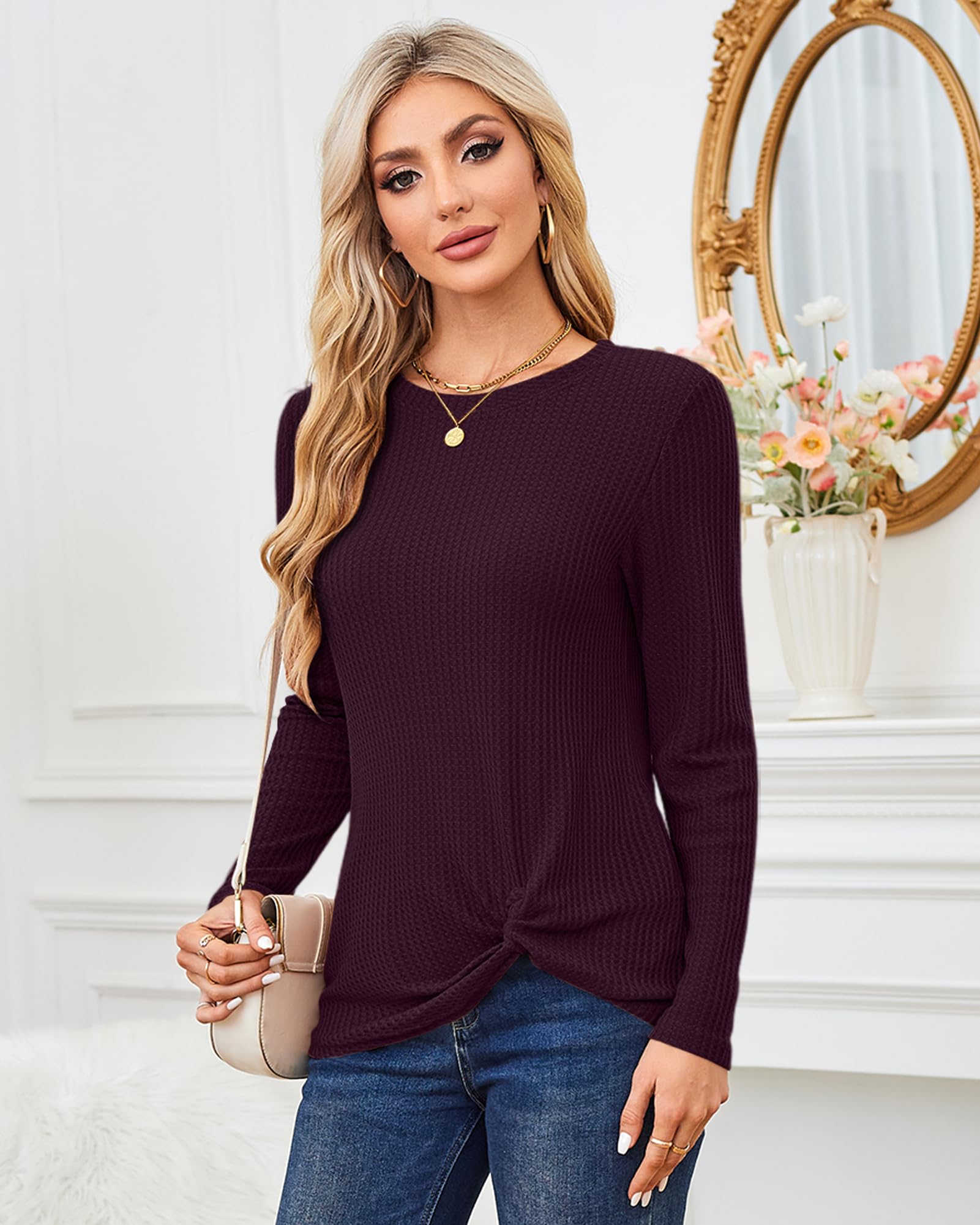 MISFAY Women's Casual Long Sleeve Twist Knot Waffle Knit Shirt - Cute Blouse for Fall & Winter, Perfect for Office, Date Night and Everyday Wear