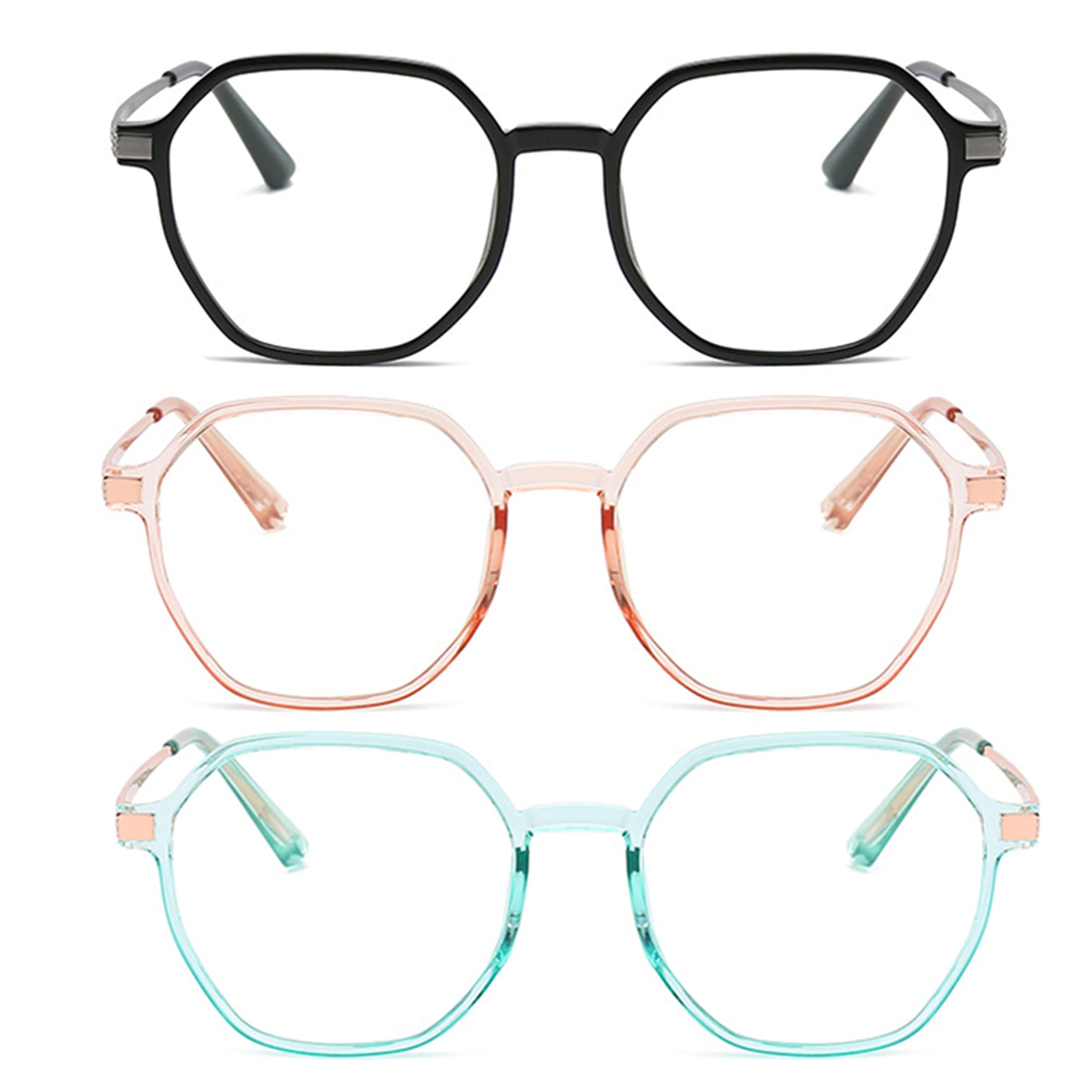 Bullabulling 3 Pack Retro Polygon Reading Glasses for Women - Blue Light Blocking Oversized Eyeglass Frames with Large Lenses - Perfect for Reading, Computer Work & Nighttime Screen Use
