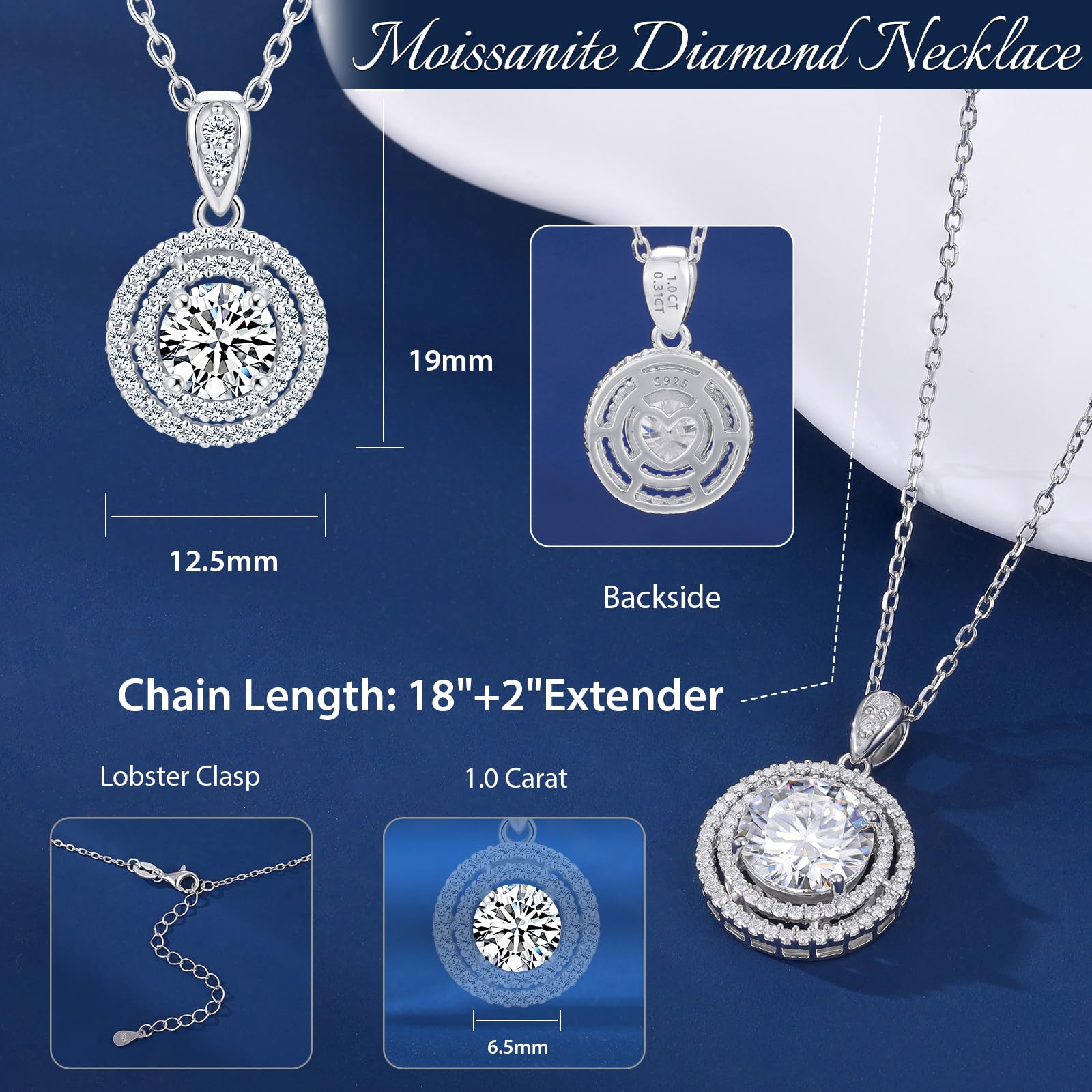1-4CT Moissanite Pendant Necklace for Women - Sterling Silver Halo Round Heart Cut Jewelry, 18+2 Inch Adjustable Chain, Perfect Anniversary Birthday Gift for Wife Mom (Ideal for Weddings, Date Nights & Special Occasions)