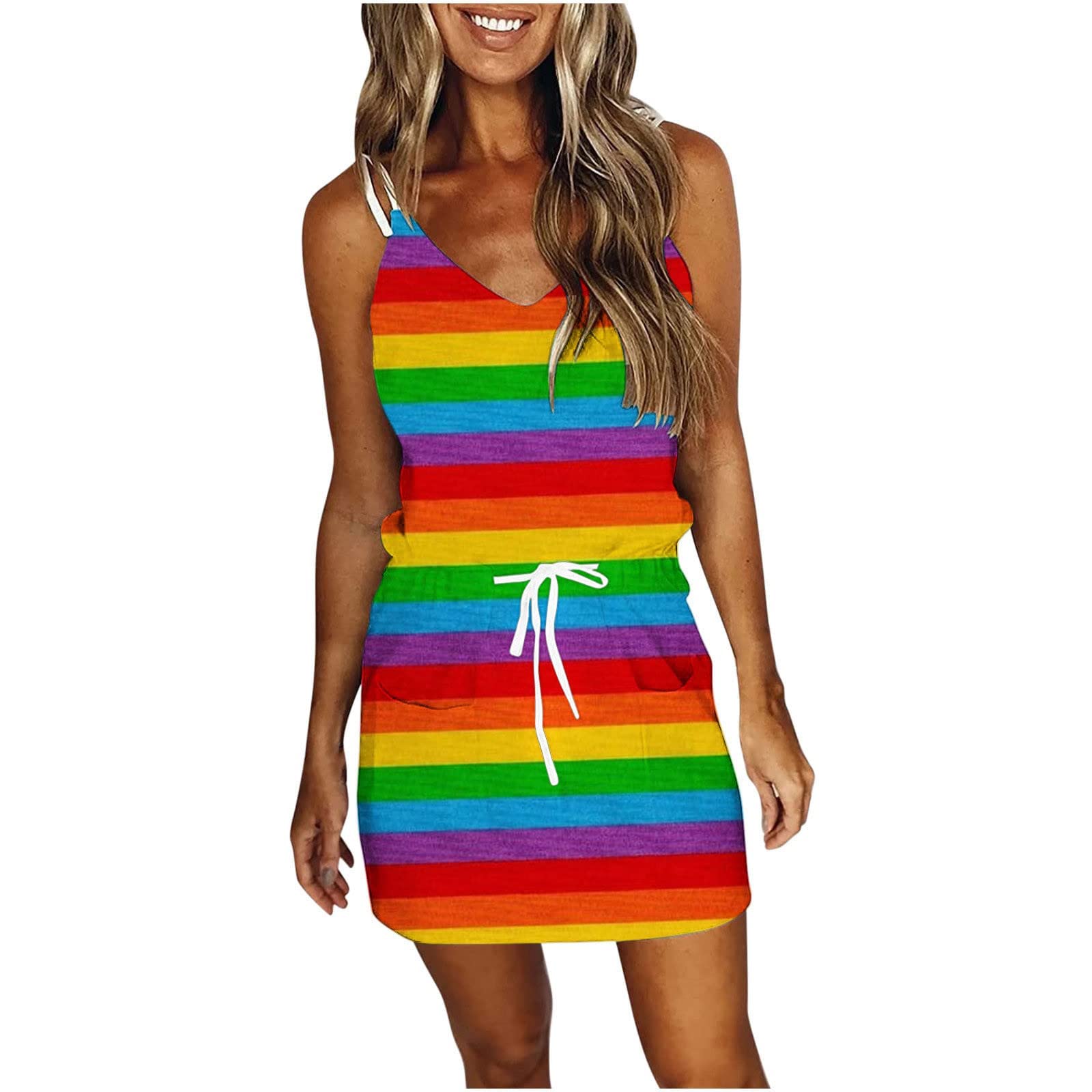Women's Striped Rainbow Mini Dress - Spaghetti Strap Sleeveless Summer Dress 2023 | Perfect for Beach Vacations, Parties & Casual Outings