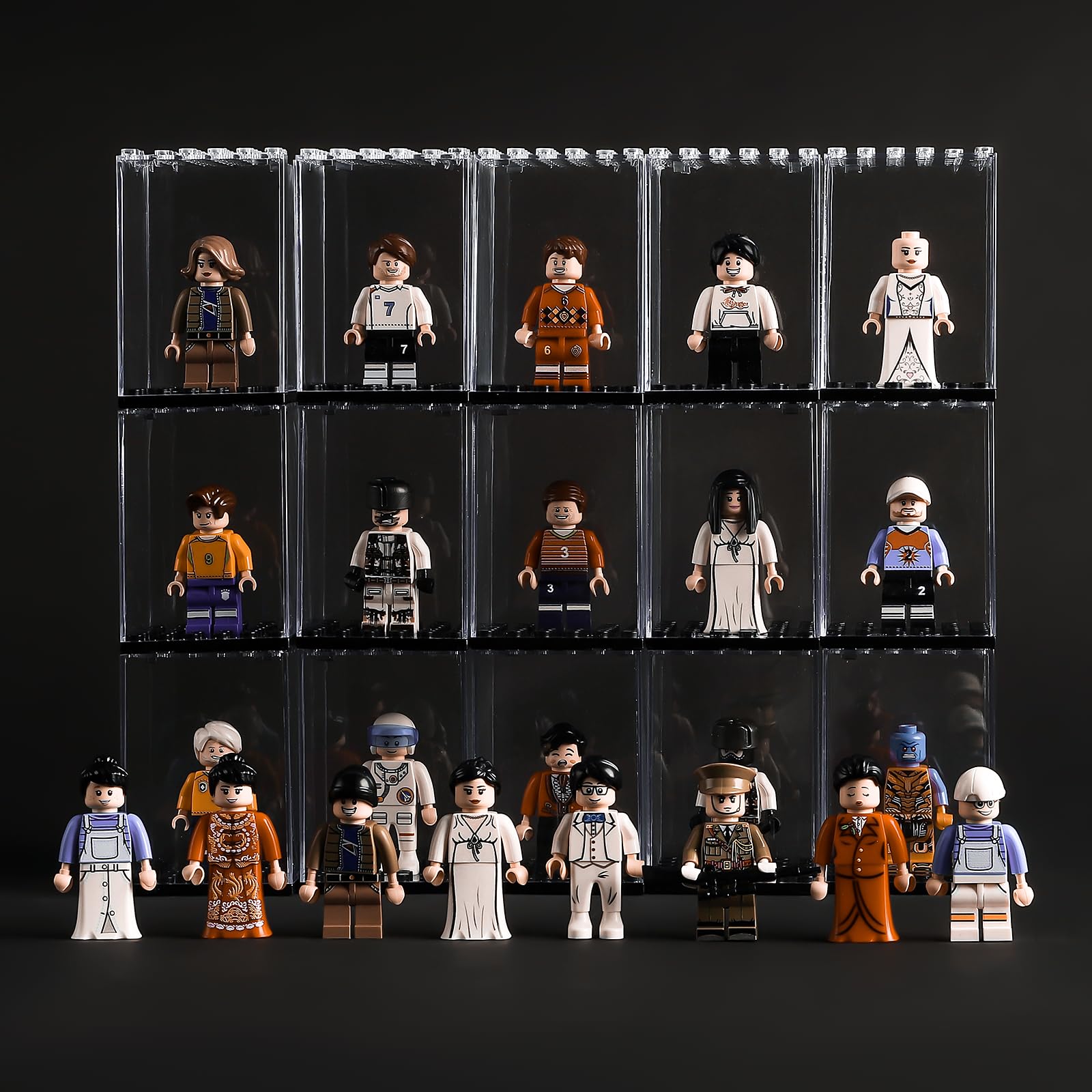15 Pcs Minifigures Display Cases Set - Dust-Proof Lego Figures Storage Box for Collectors, Mini-Figures Showcase for Lego Minifigures, Action Figures & Collectible Toys - Perfect for Home Display, Office Decor & Gift Giving (Black)