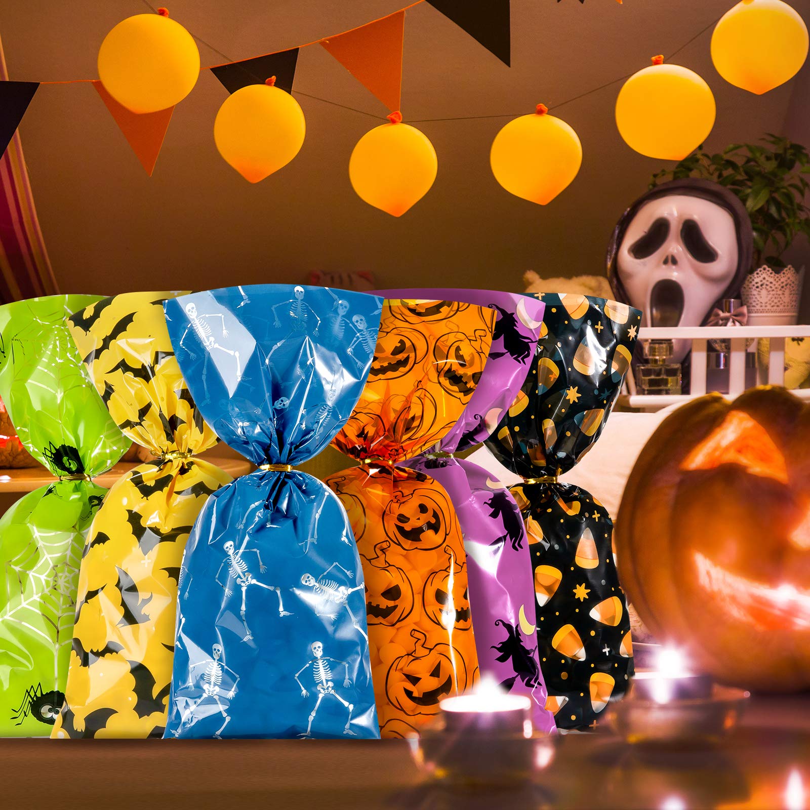 150Pcs Halloween Cellophane Bags - 6 Designs with Twist Ties (Pumpkin, Spider, Bat, Bone) - Candy Treat Bags for Halloween Party Favors, Sweet Gifts & Table Decorations - Perfect for Trick-or-Treat, Classroom Treats & Halloween Party Decor