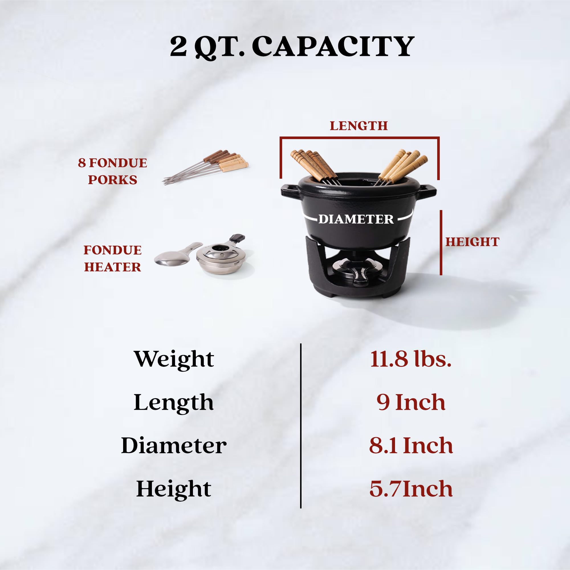 Alva Nori 2 Qt Enameled Cast Iron Fondue Set with 8 Wooden Forks & Adjustable Burner - Non-Toxic Cheese, Chocolate, and S'mores Fondue Pot - PFOA-Free, Easy Clean Melting Pot for Parties, Date Nights, and Family Gatherings