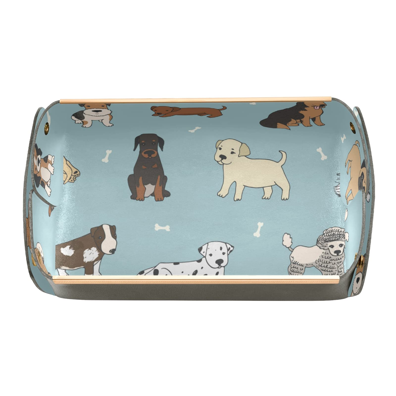 Doodle Puppy Dog Bones Rectangular Desk Organizer Tray - PVC Leather Jewelry & Vanity Storage, Detachable Foldable Tray for Countertop, Office, Bathroom & Makeup Organization