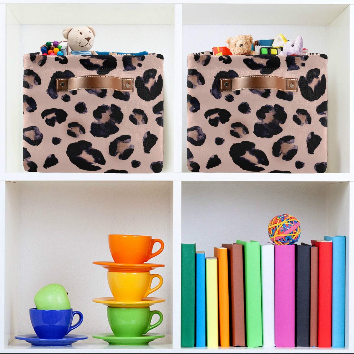 AGONA Large Foldable Storage Bin with Leather Handles - Collapsible Fabric Storage Basket for Home, Closet & Bedroom Organization (Leopard Pink, 1 Pack) - Perfect for Nursery, Pet Supplies & Seasonal Decor Storage