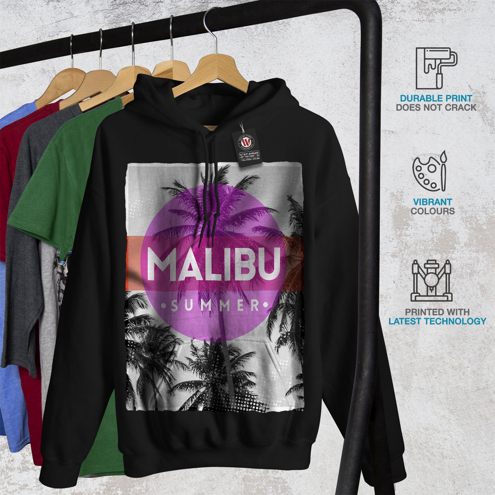 Wellcoda Men's Malibu Summer Sun Hoodie - California Style Pullover Sweatshirt for Beach, Surfing & Casual Wear