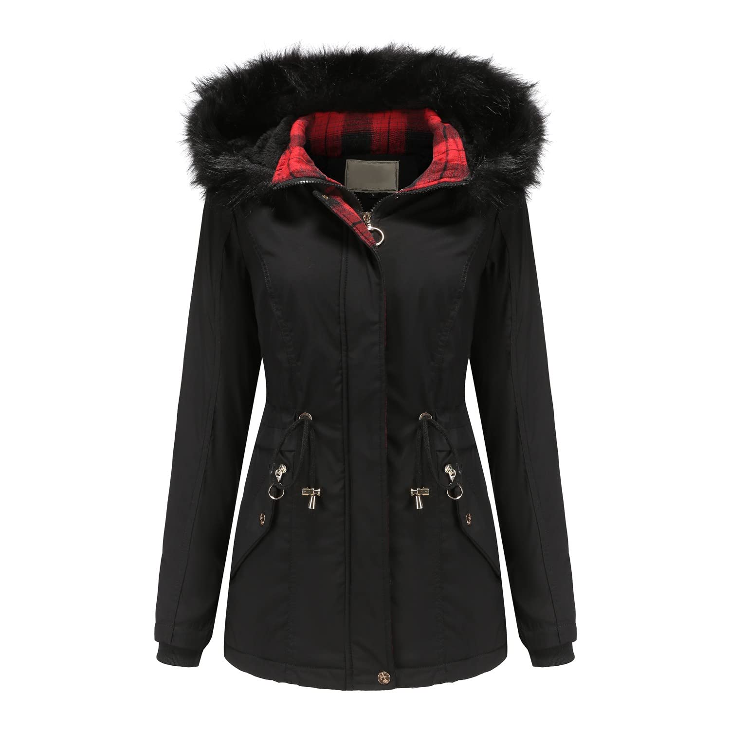 Women's Plaid Hooded Winter Coat with Faux Fur Lining - Warm Fleece-Lined Outerwear Jacket for Cold Weather, Snow Days & Outdoor Activities