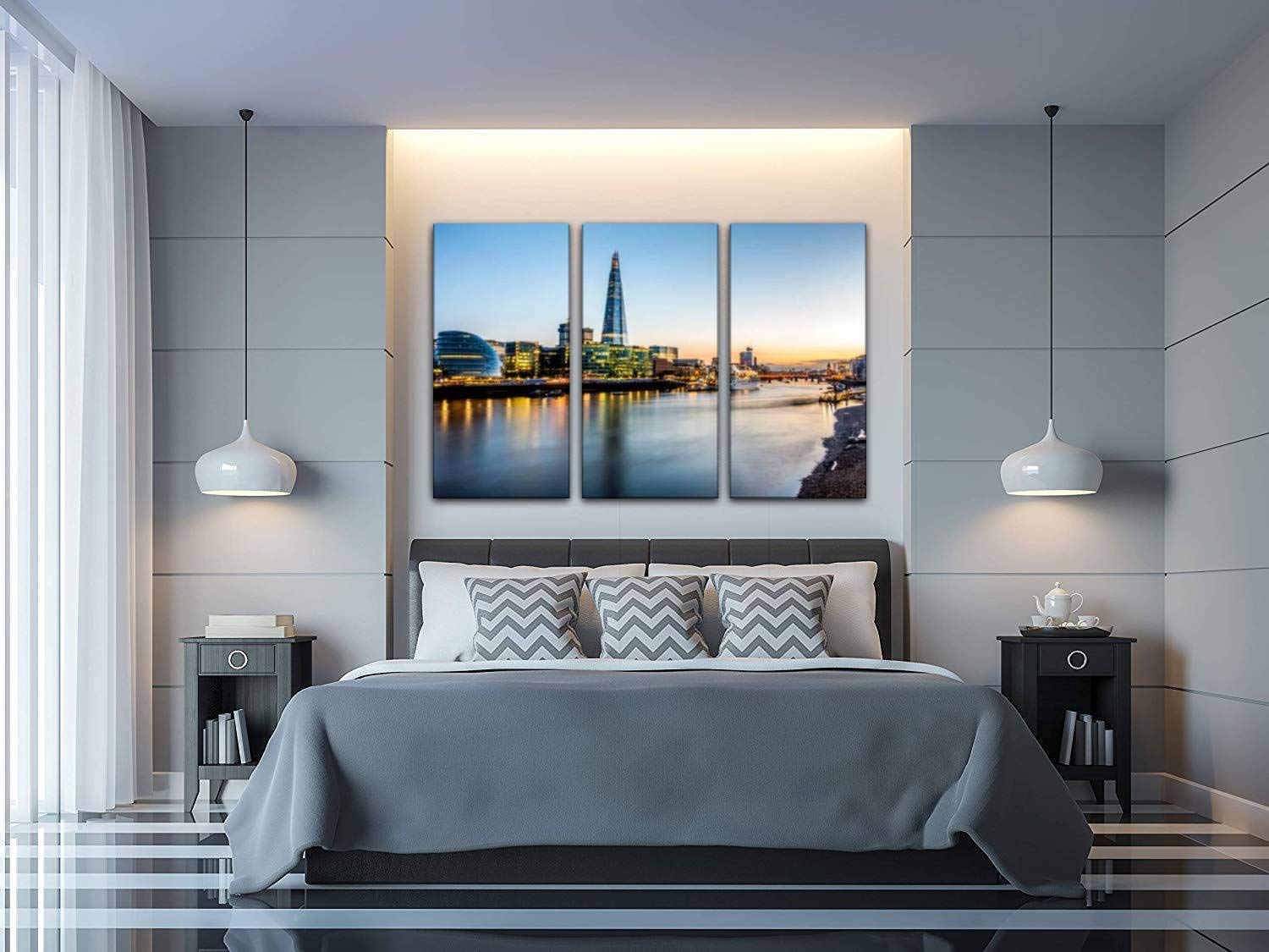 Blaverr Financial District London The Shard Gherkin Dusk Skyline Canvas Wall Art - 3 Panel Modern Painting for Living Room & Bedroom Decor - Stretched Framed Ready to Hang Home Office Wall Decor - Perfect for Apartments, Hotels & Office Spaces