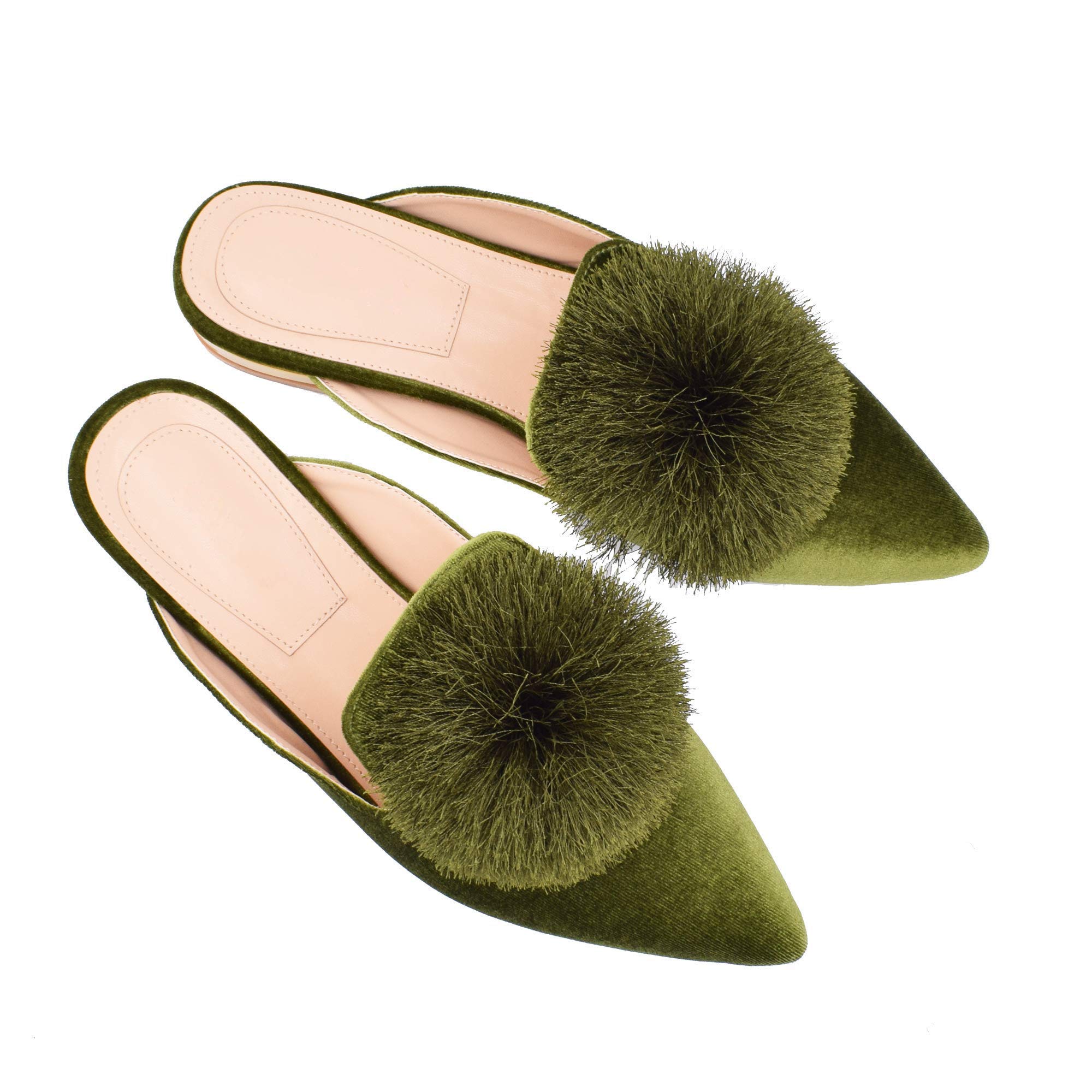 Fericzot Slip-On Mule Backless Loafers - Women's Puff Pompom Pointed Toe Casual Shoes & Comfortable Slippers for Home, Office, and Outings