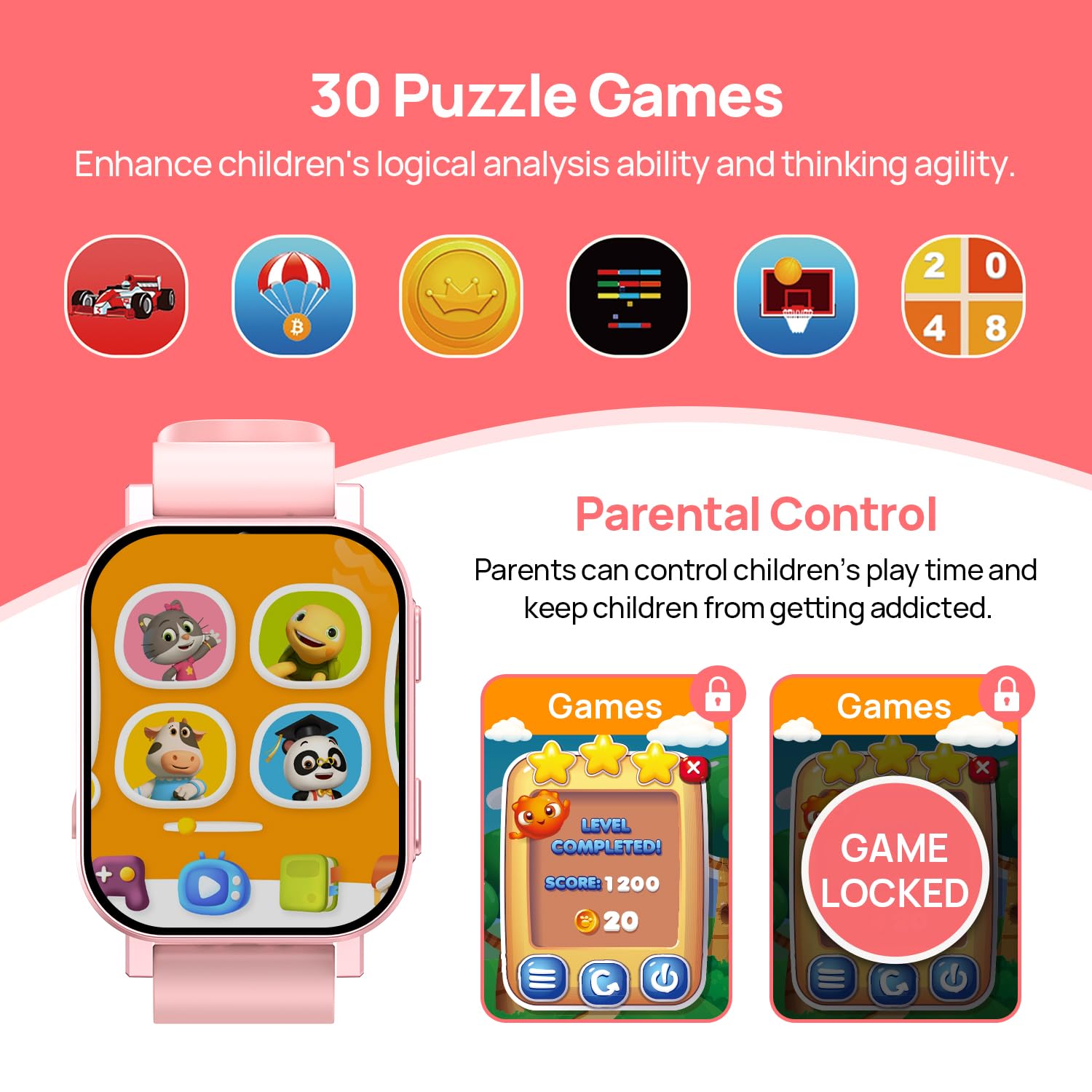 Kids Smart Watch with 30 Games, Alarm, Camera, Video Recorder & Music Player - Calculator, Calendar, Flashlight, Stopwatch & Pedometer - Perfect Gift for Boys & Girls Ages 3-12 (Pink) - Great for Playtime, Learning & Outdoor Activities