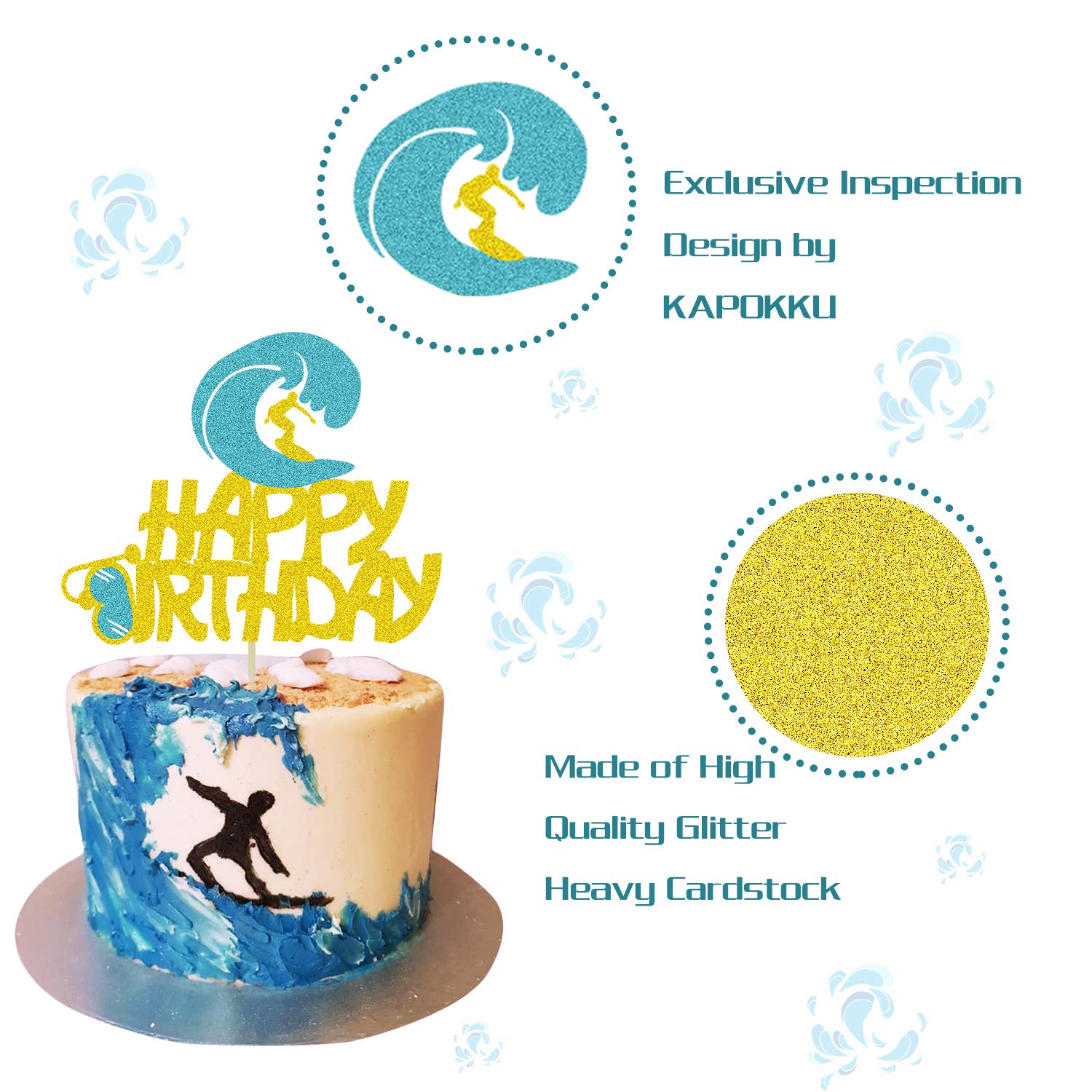Glitter Double-Sided Happy Birthday Surfboard Cake Topper - Perfect for Summer Beach, Surfing & Hawaii Themed Party Decorations | Ideal for Birthday Cakes, Cupcakes, and Dessert Table Displays