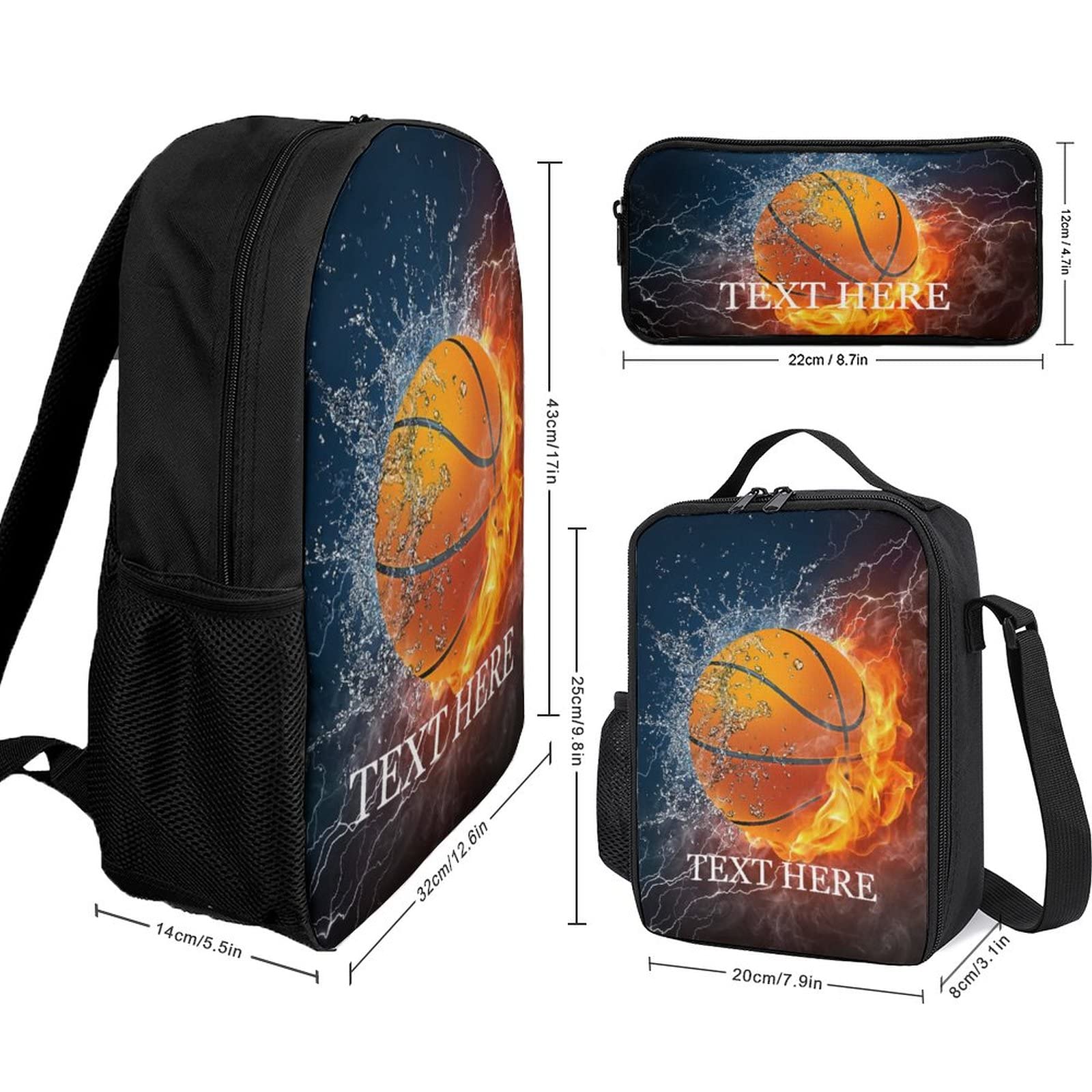 Custom Personalized Basketball Backpack Set with Fire Design - 3-Piece School Bag with Name Text, Lunch Box & Pencil Case for Boys & Girls | Perfect for School, Sports & Travel