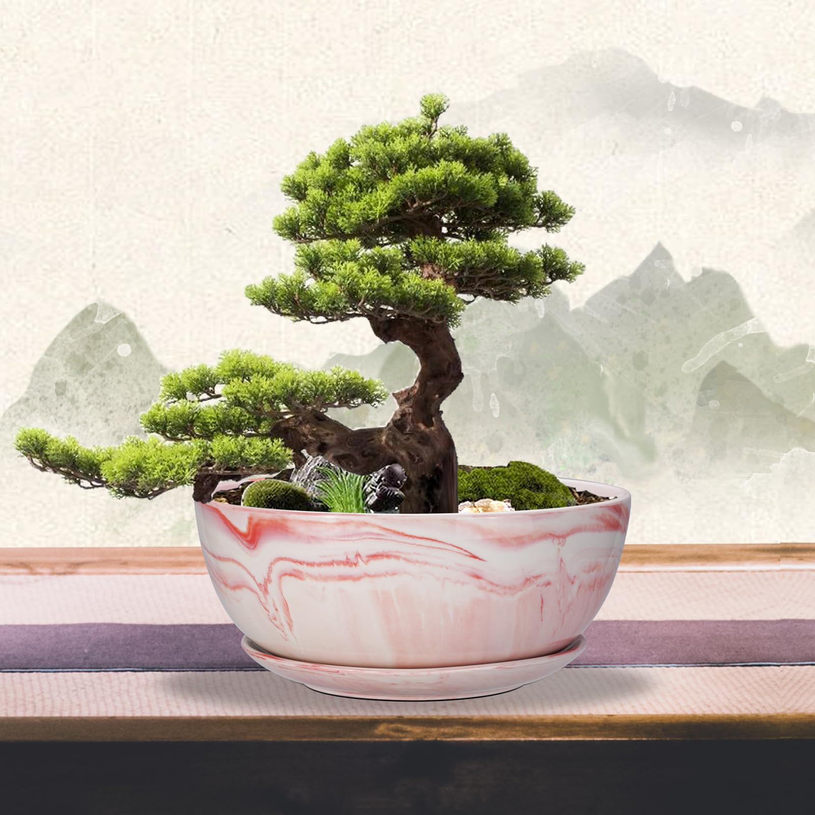 Large Ceramic Succulent Planter Pot with Drainage Hole & Saucer - Marble Flower Pot for Indoor/Outdoor Plants, Round Bonsai Planter in Pink - Perfect for Home Decor, Office Desk, Garden & Patio