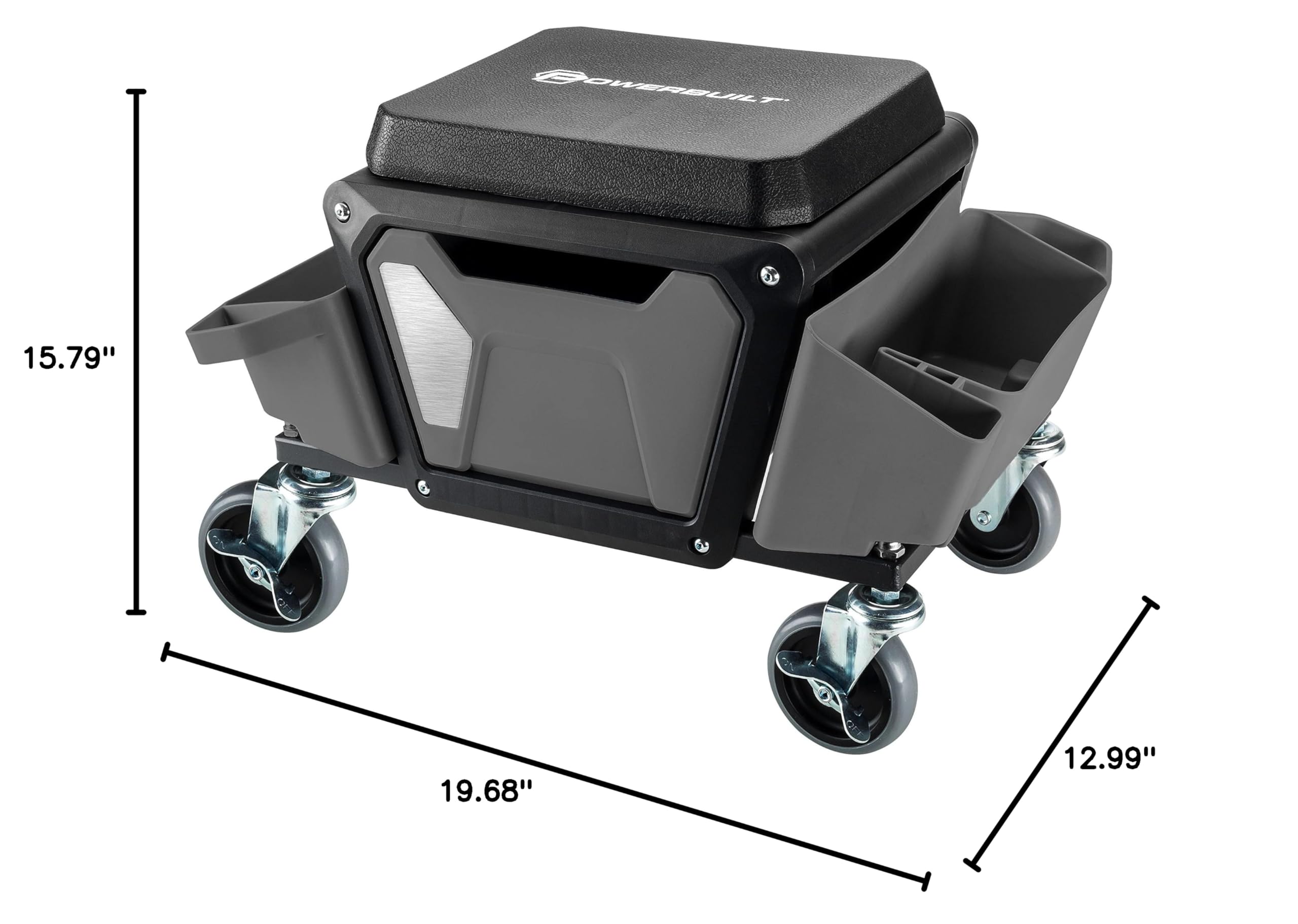 Powerbuilt Rolling Work Seat Stool with 4-inch Lockable Wheels - Heavy Duty 330 lb Capacity Mechanics Stool with Tool Trays & Drawer, Large Seating Platform - Perfect for Garage Work, Auto Repair, Gardening & DIY Projects (Grey, Model 941881ECE)