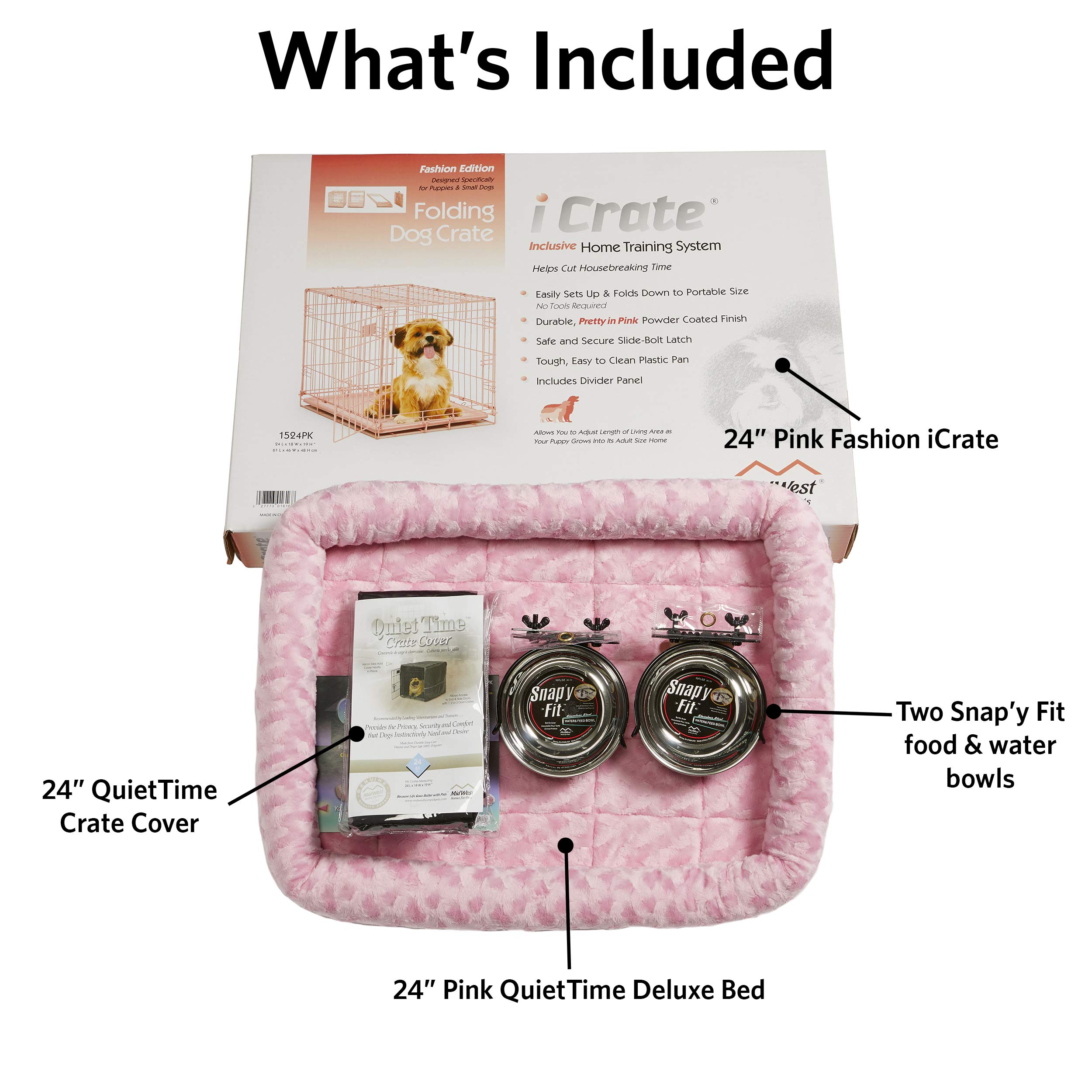 MidWest Homes for Pets iCrate 24-Inch Dog Crate Starter Kit for Small Dogs up to 25 lbs - Includes Pet Crate, Comfort Bed, 2 Stainless Steel Bowls & Pink Crate Cover - Perfect for Home, Travel & Training (1524PK-KIT)