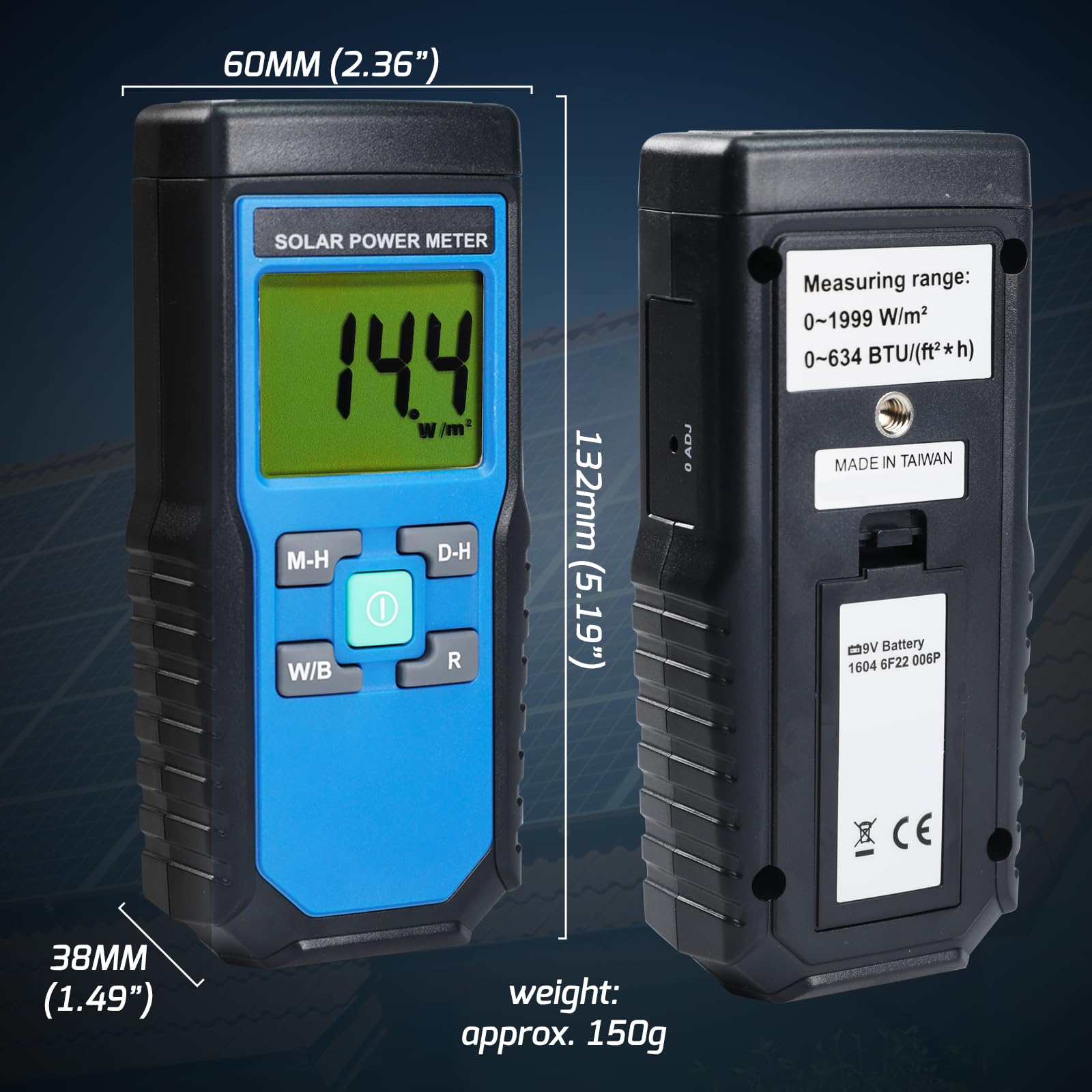 Digital Solar Power Meter - Handheld Portable BTU/W/m2 Tester for Solar Panel Efficiency, UV Index Measurement - Perfect for Home Solar Systems, Gardening, and Outdoor Activities