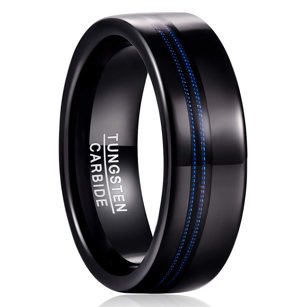 MEILING LINGMEI 8mm Black Tungsten Carbide Ring with Blue Guitar String Inlay - Comfort Fit Wedding Band for Men & Women (Size 7-12) - Perfect for Engagements, Anniversaries & Everyday Wear
