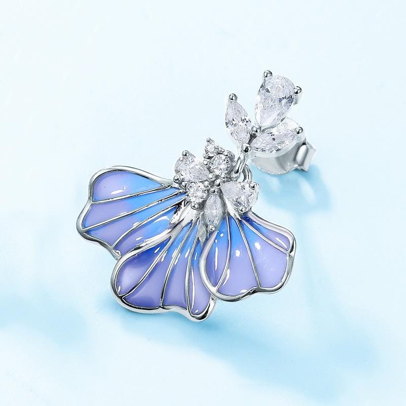 Handmade Fire Blue Iris Enamel Stud Earrings - Dainty Silver & White Gold Art Deco Jewelry Set for Women | Unique Proposal Gift, Wedding Accessory, Anniversary Present