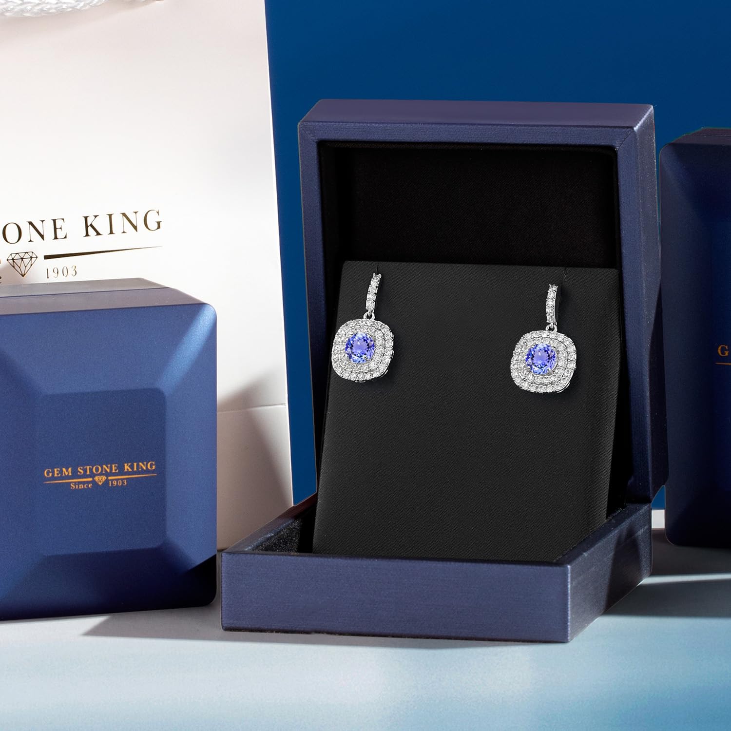 Gem Stone King 6MM Round Gemstone Birthstone Drop Dangle Double Halo Earrings For Women | Sterling Silver Dainty Jewelry | Perfect Gift for Birthday, Anniversary & Special Occasions