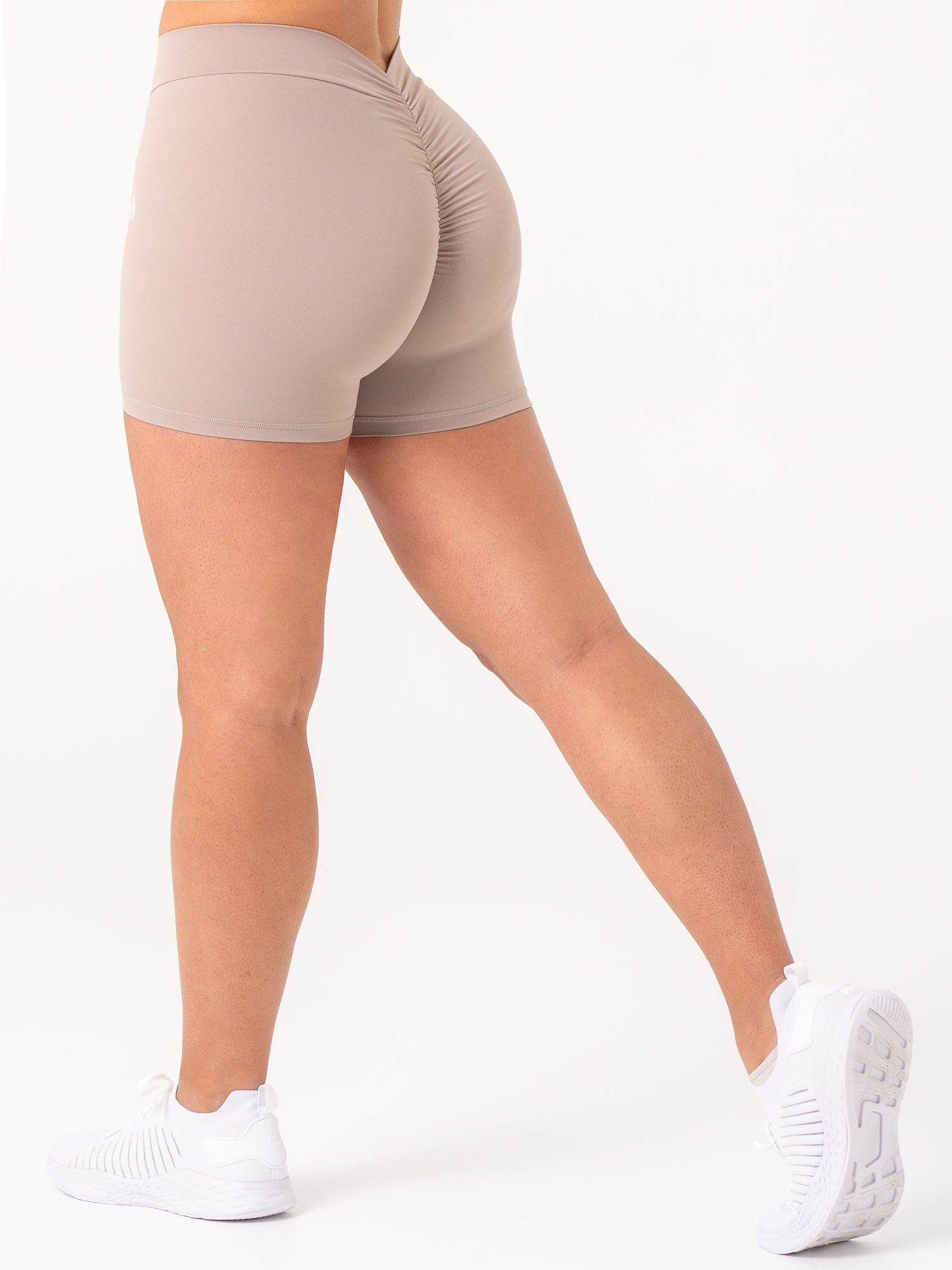 NKD V Scrunch Shorts for Women - High Waisted Tummy Control Workout Shorts in Taupe | Perfect for Yoga, Running, Gym & Lounge Wear