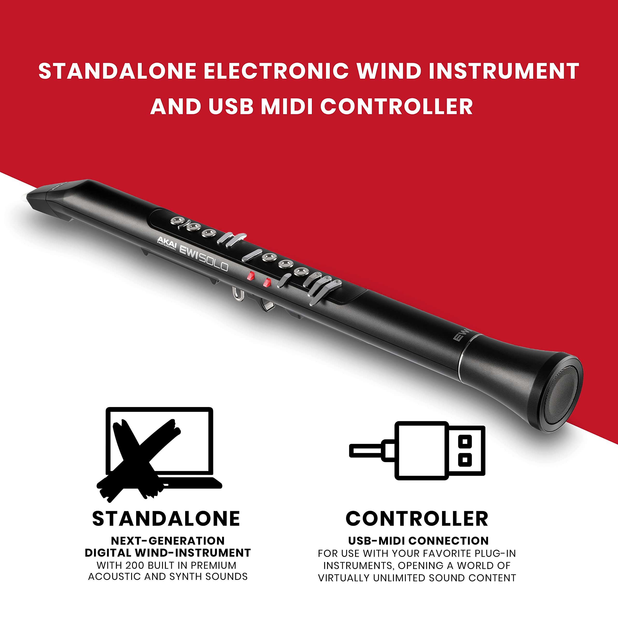 AKAI Professional EWI Solo Electronic Wind Instrument - Portable Digital Wind Controller with 200 Sounds, Built-in Speaker, Rechargeable Battery & USB MIDI Connectivity (Black) - Perfect for Live Performances, Studio Recording & Music Education