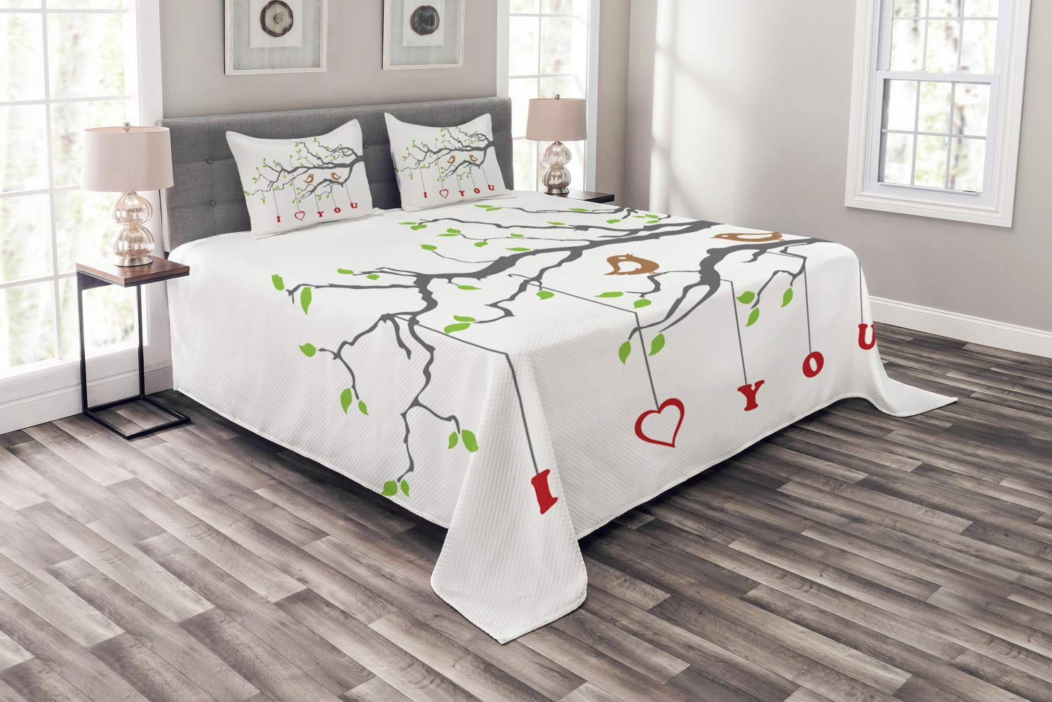 Ambesonne I Love You King Size Bedspread Set - 3 Piece Romantic Love Birds on Tree Branch Art Print Bedding with 2 Pillow Shams in Grey Red Fern Green | Spring Inspired Bedroom Decor for Couples & Master Suite