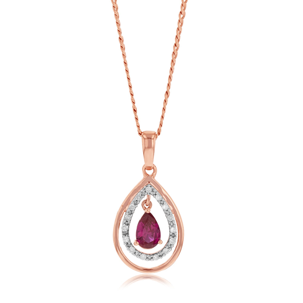 9ct Rose Gold Diamond & Created Ruby Pendant Necklace - Elegant Jewelry Gift for Women, Perfect for Valentine's Day, Anniversary & Special Occasions