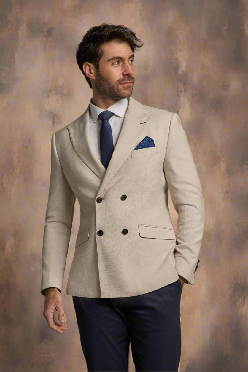 Cavani Romeo Double Breasted Beige Blazer for Men | Slim Fit Formal Suit Jacket | Office Wear & Wedding Attire