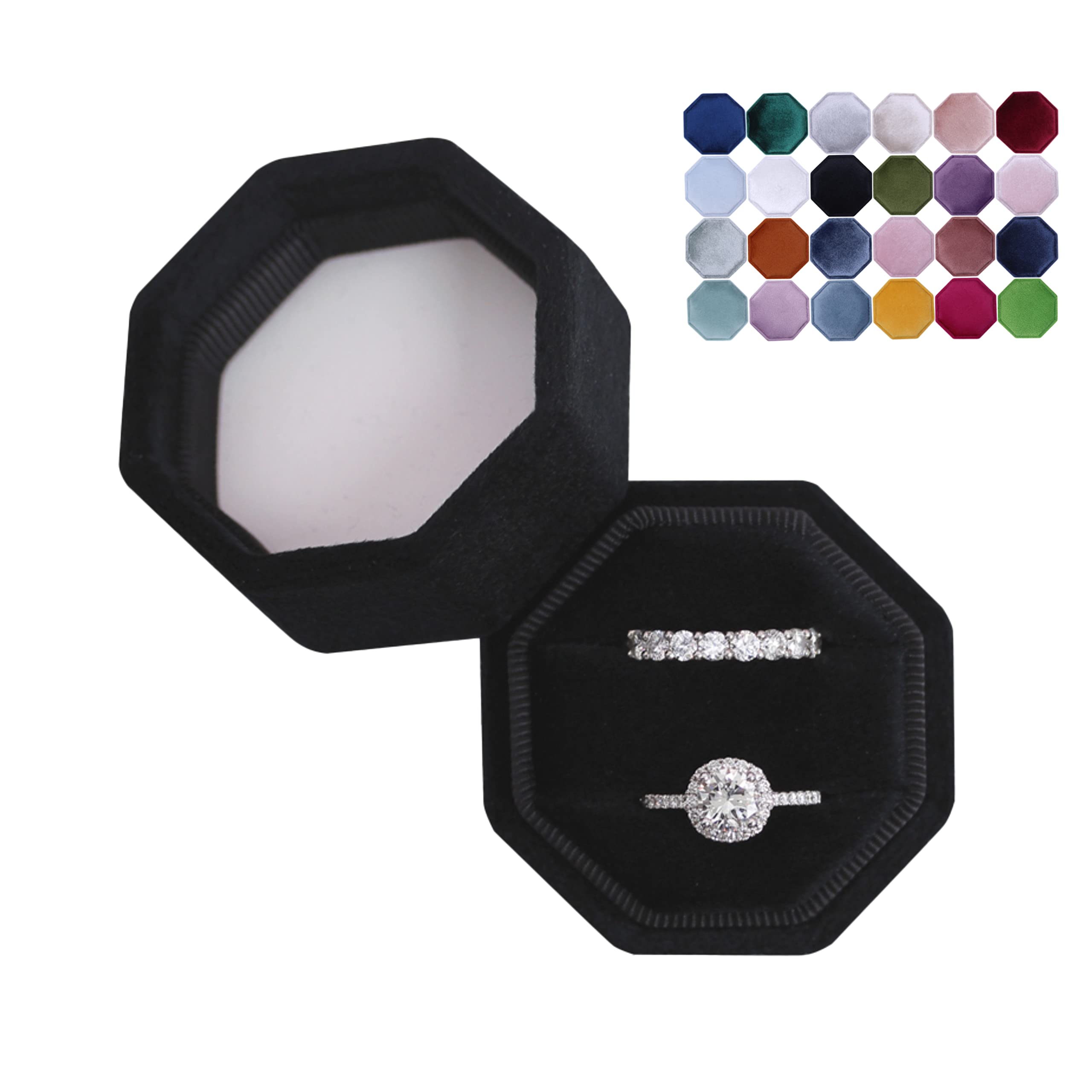 BLUTETE Velvet 2-Slot Jewelry Ring Box - Octagon Engagement Wedding Keepsake Box for Bridal Photos - Elegant Black Velvet Ring Holder for Proposals, Vows & Special Occasions