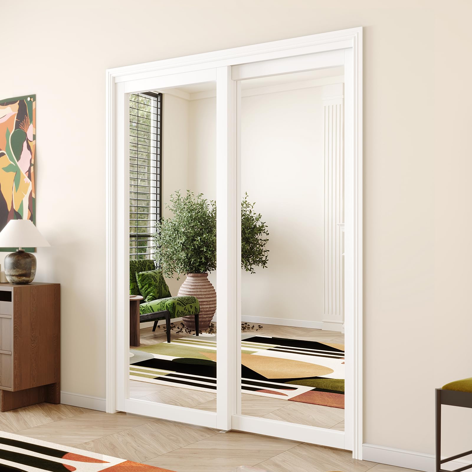 White MDF Sliding Closet Door with Mirror - 60