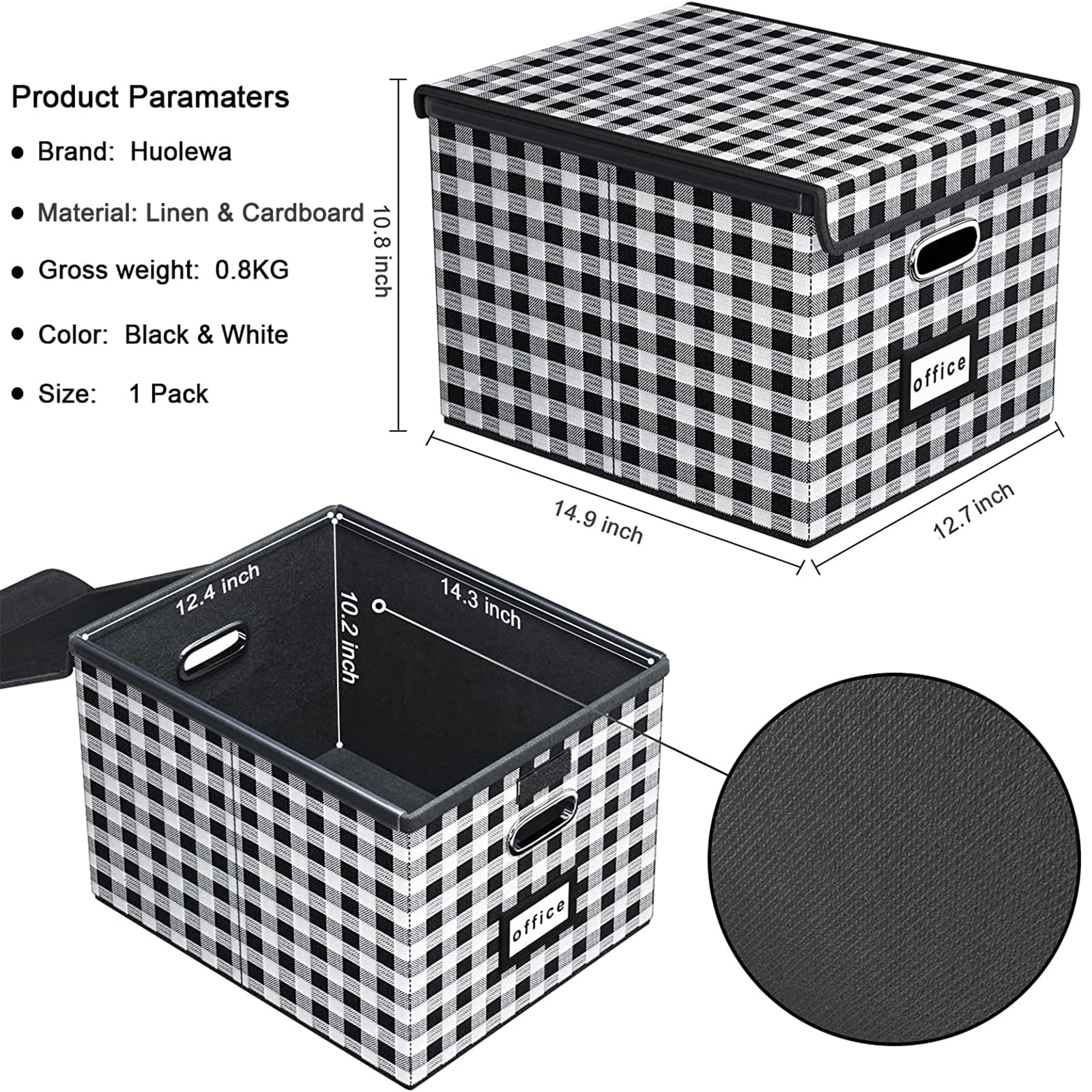 Huolewa Collapsible File Storage Organizer Box with Lid - Lattice Linen Office Document Organizer for Letter/Legal Folders - Hanging File Storage Box for Home & Office Organization - Perfect for Desk, Closet, and Shelf Storage
