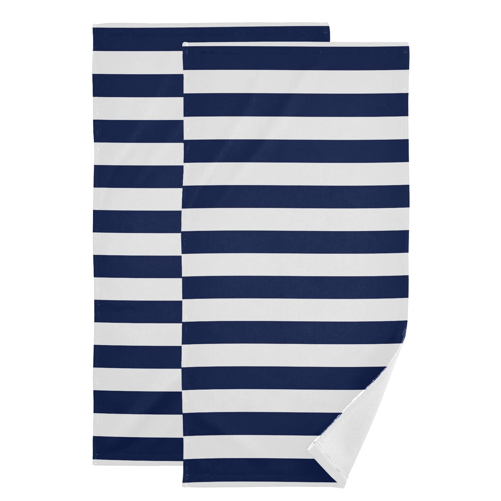 Premium 2-Pack Navy Blue & White Striped Bathroom Hand Towels - 14x28 Inch Soft Absorbent Cotton Towels for Hand, Face, Hair - Perfect for Kitchen, Bathroom & Tea Towel Use