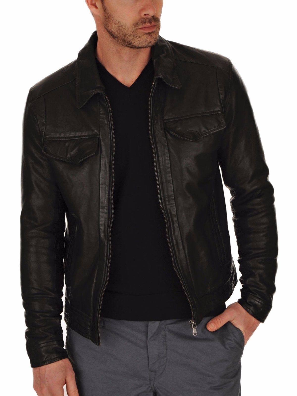 **Men's Distressed Leather Motorcycle Jacket - Stylish Biker Bomber Jacket with Zipper for Men | Perfect for Riding, Casual Wear & Outdoor Adventures**