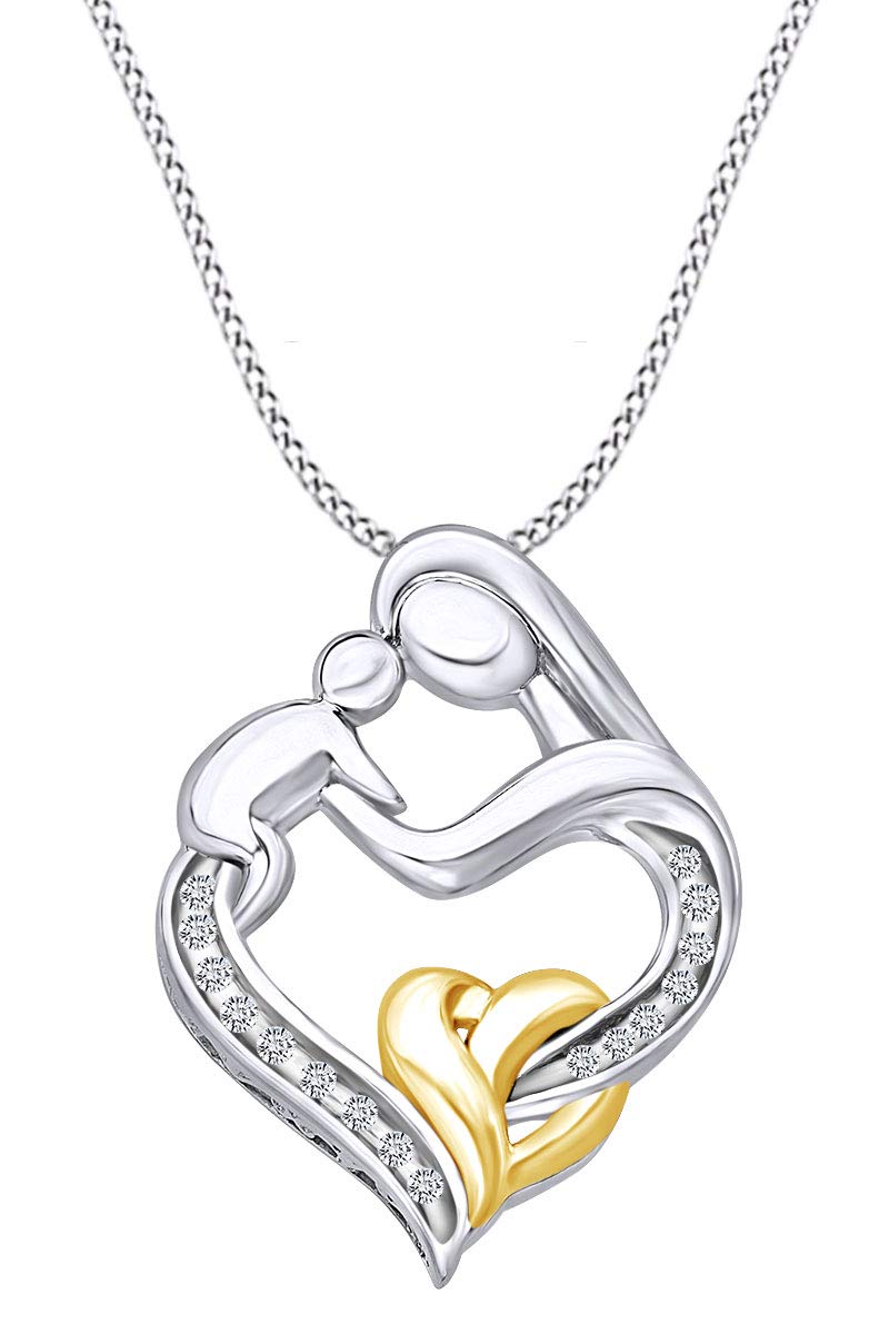 0.1 Carat Natural Diamond Mother & Child Heart Pendant Necklace - Sterling Silver Two-Tone Jewelry for Mother's Day Gift | Perfect for Gifting, Special Occasions & Everyday Wear