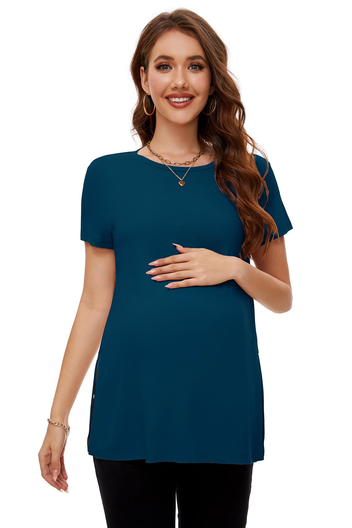Smallshow Women's Maternity Shirt - Side Split Nursing Top, Short Sleeve Pregnancy Clothes for Comfort & Style | Perfect for Casual Wear, Office & Breastfeeding